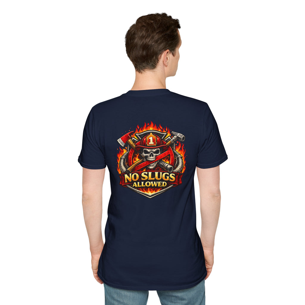 Firefighter Skull T-Shirt — "No Slugs Allowed" Graphic Tee