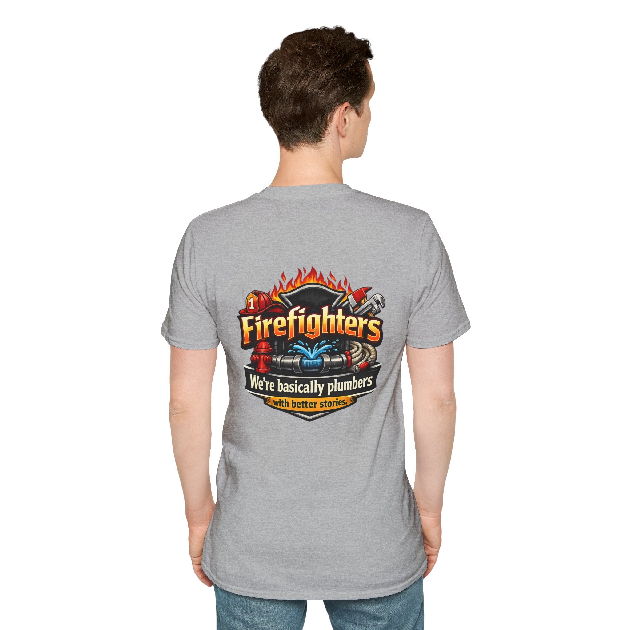 Firefighters Graphic T-Shirt — "We're Basically Plumbers" Firefighter Gift