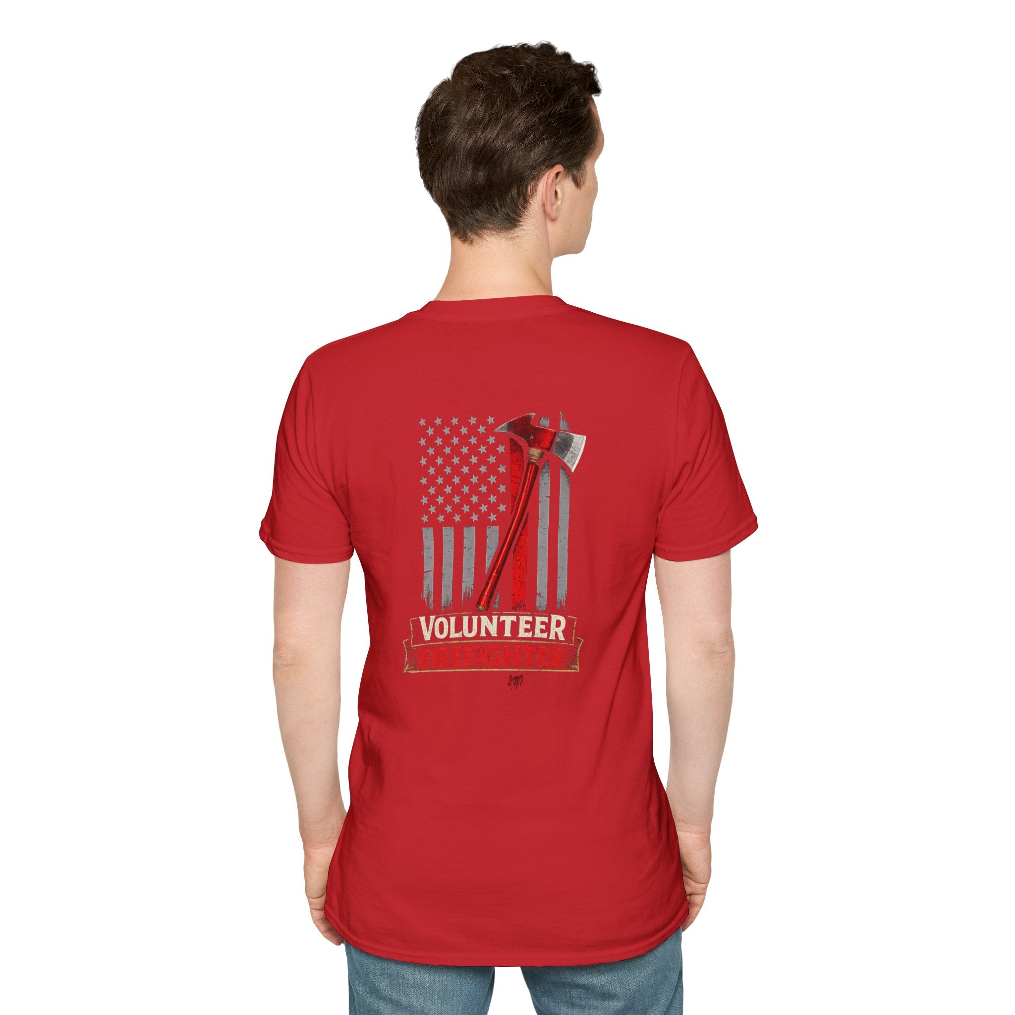 Volunteer Firefighter T-Shirt — American Flag, Axe & "Volunteer Firefighter" Graphic
