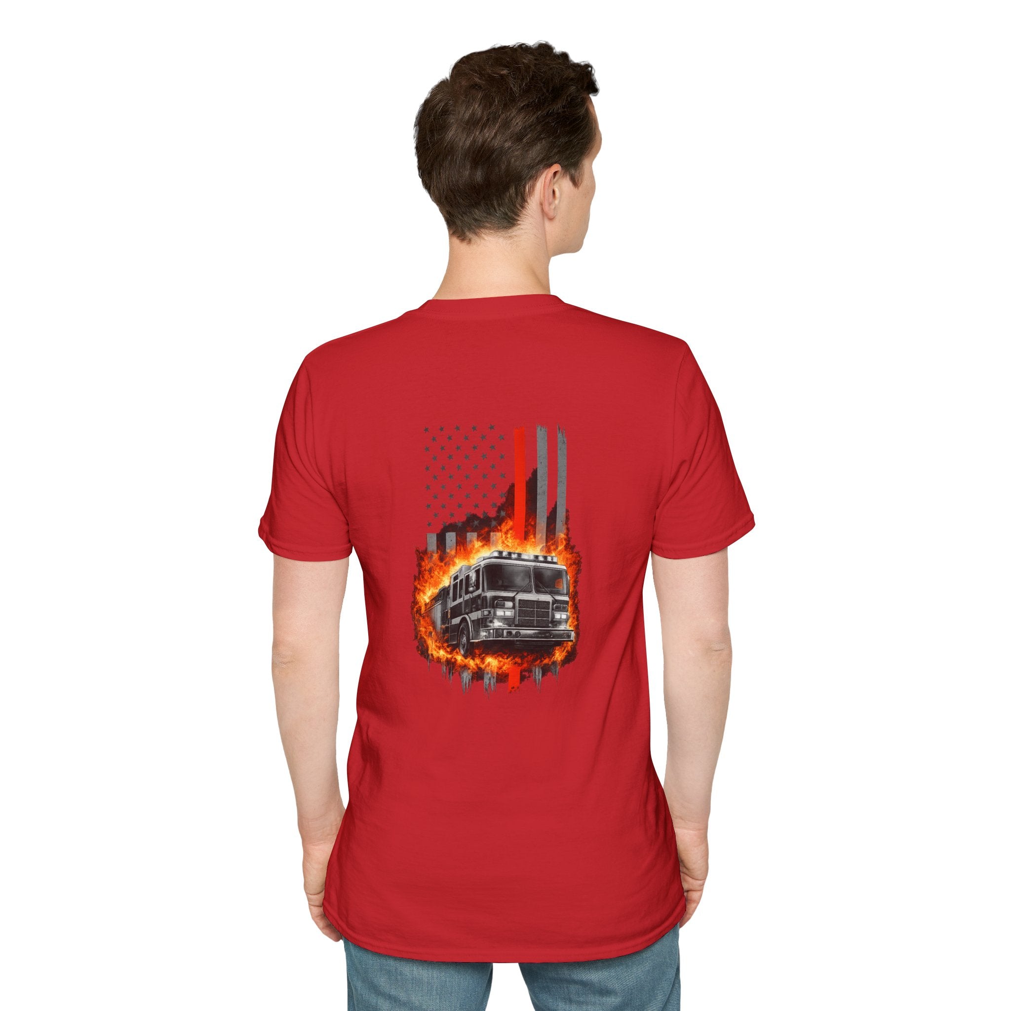 Firefighter T-Shirt with American Flag and Fire Truck