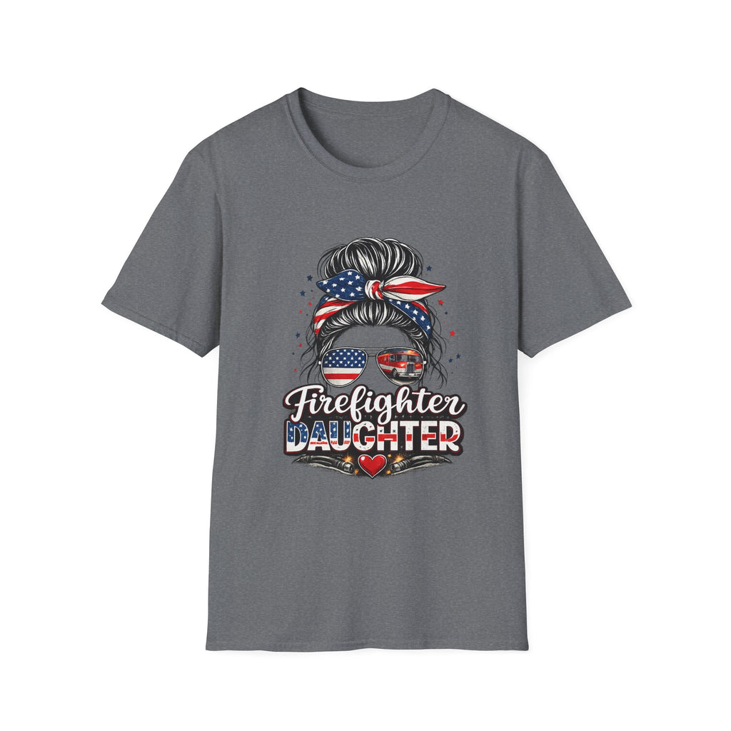 Firefighter Daughter T-Shirt — Patriotic Messy Bun Sunglasses Design