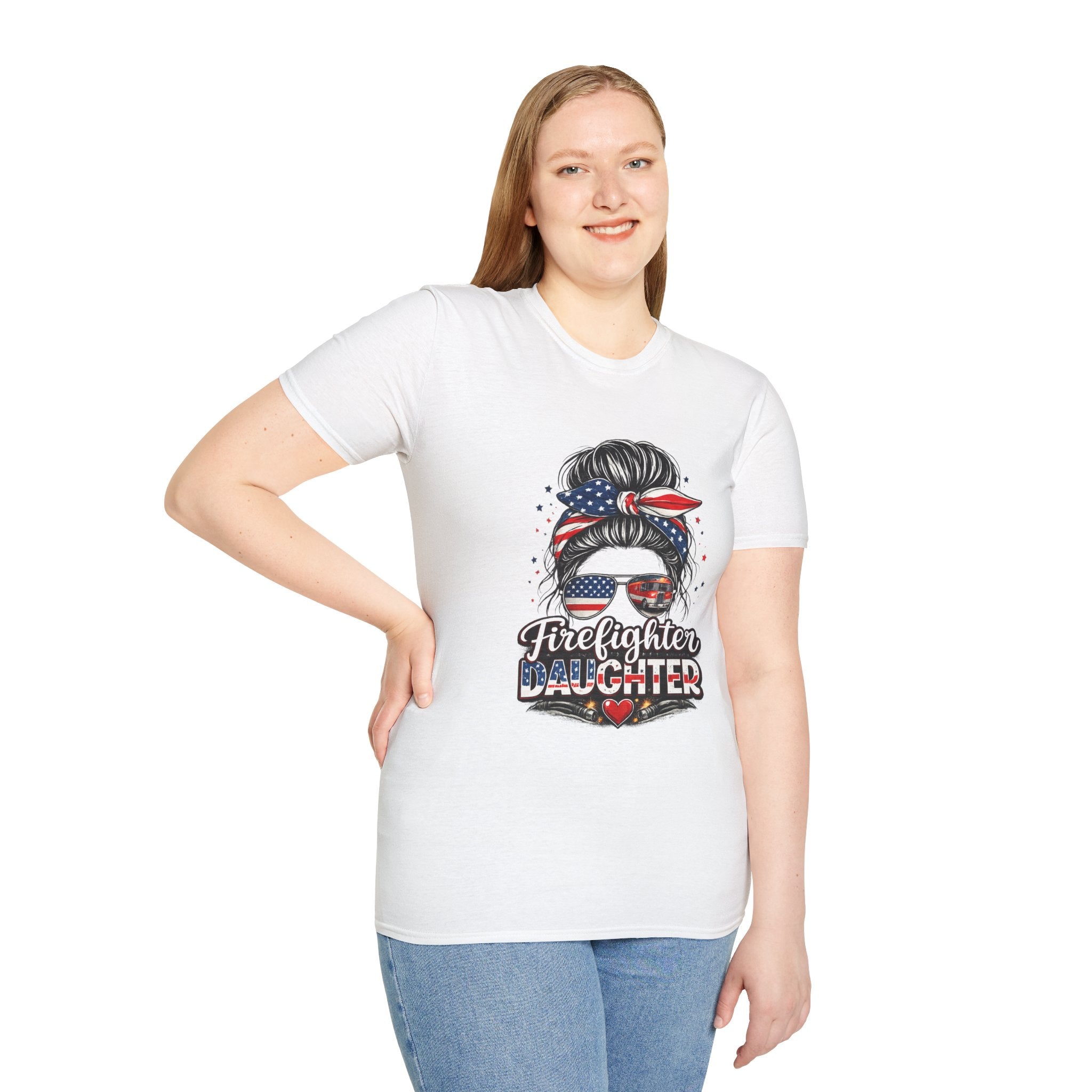 Firefighter Daughter T-Shirt — Patriotic Messy Bun Sunglasses Design