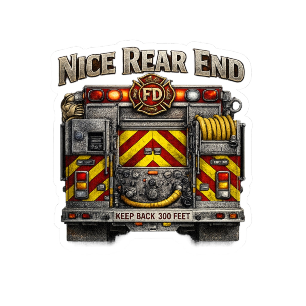 Firetruck Sticker — "Nice Rear End" Funny Firefighter Kiss-Cut Sticker