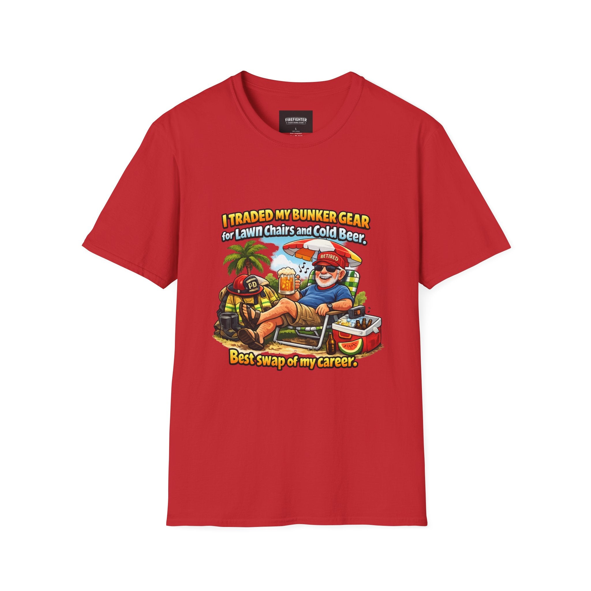 Firefighter Retirement T-Shirt — "I Traded My Bunker Gear... Best Swap of My Career" Front Graphic