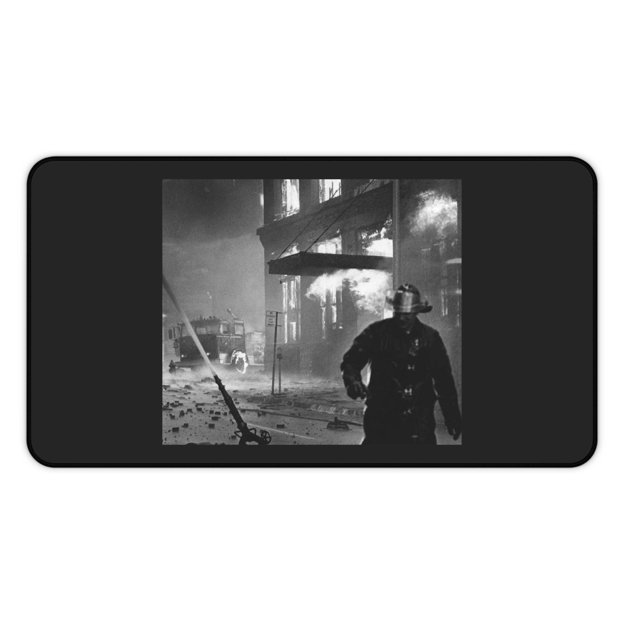 Vintage Firefighter Photo Desk Mat – Retro Black & White Fire Scene Mouse Pad