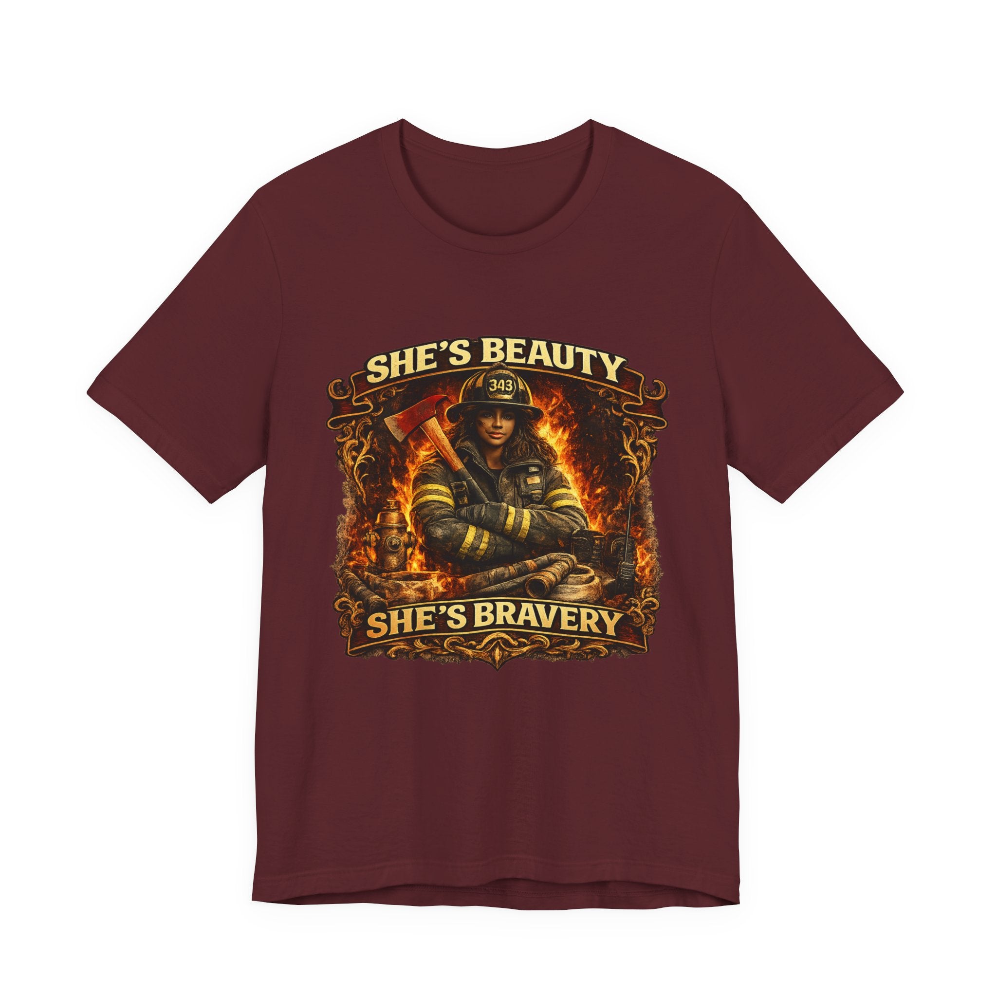 Firefighter Woman Tee - "She's Beauty, She's Bravery" Graphic T-Shirt