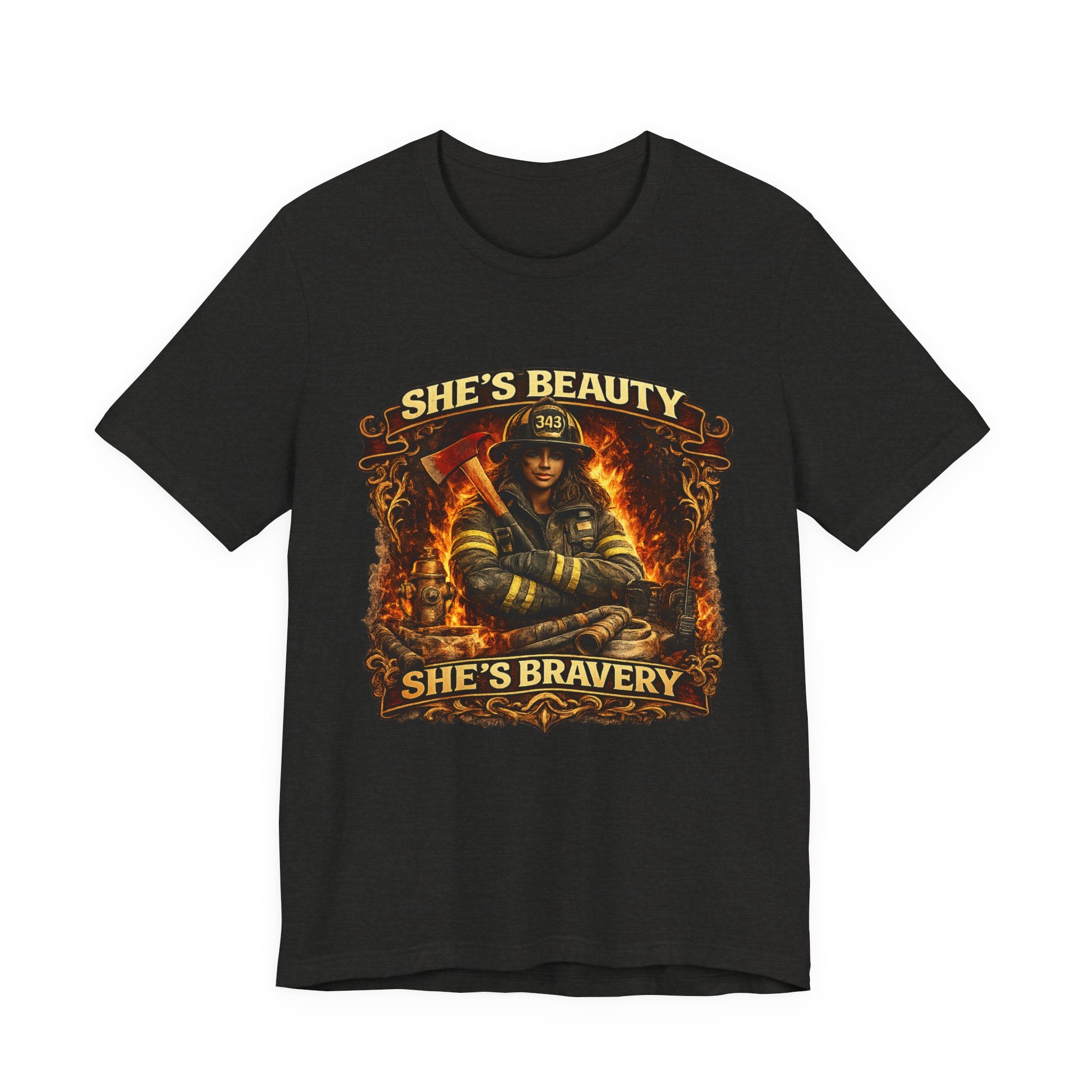 Firefighter Woman Tee - "She's Beauty, She's Bravery" Graphic T-Shirt