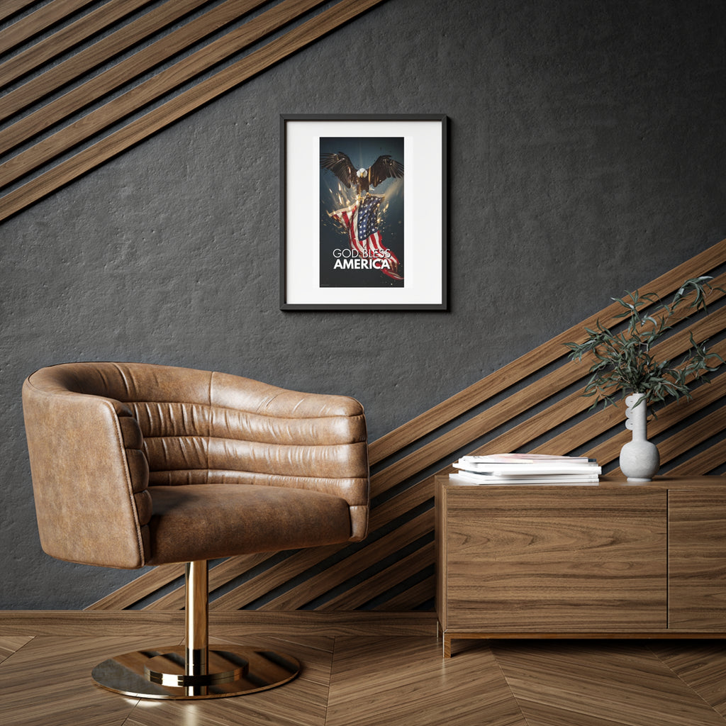 Framed Poster — "God Bless America" Patriotic Eagle & Flag Art (Matte)