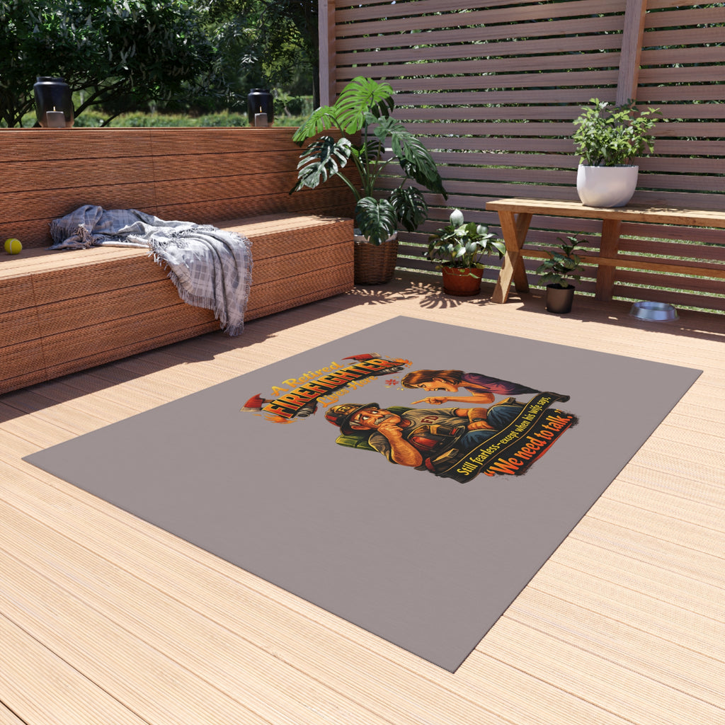 Outdoor Rug — "A Retired Firefighter Lives Here" Funny Patriotic Welcome Mat