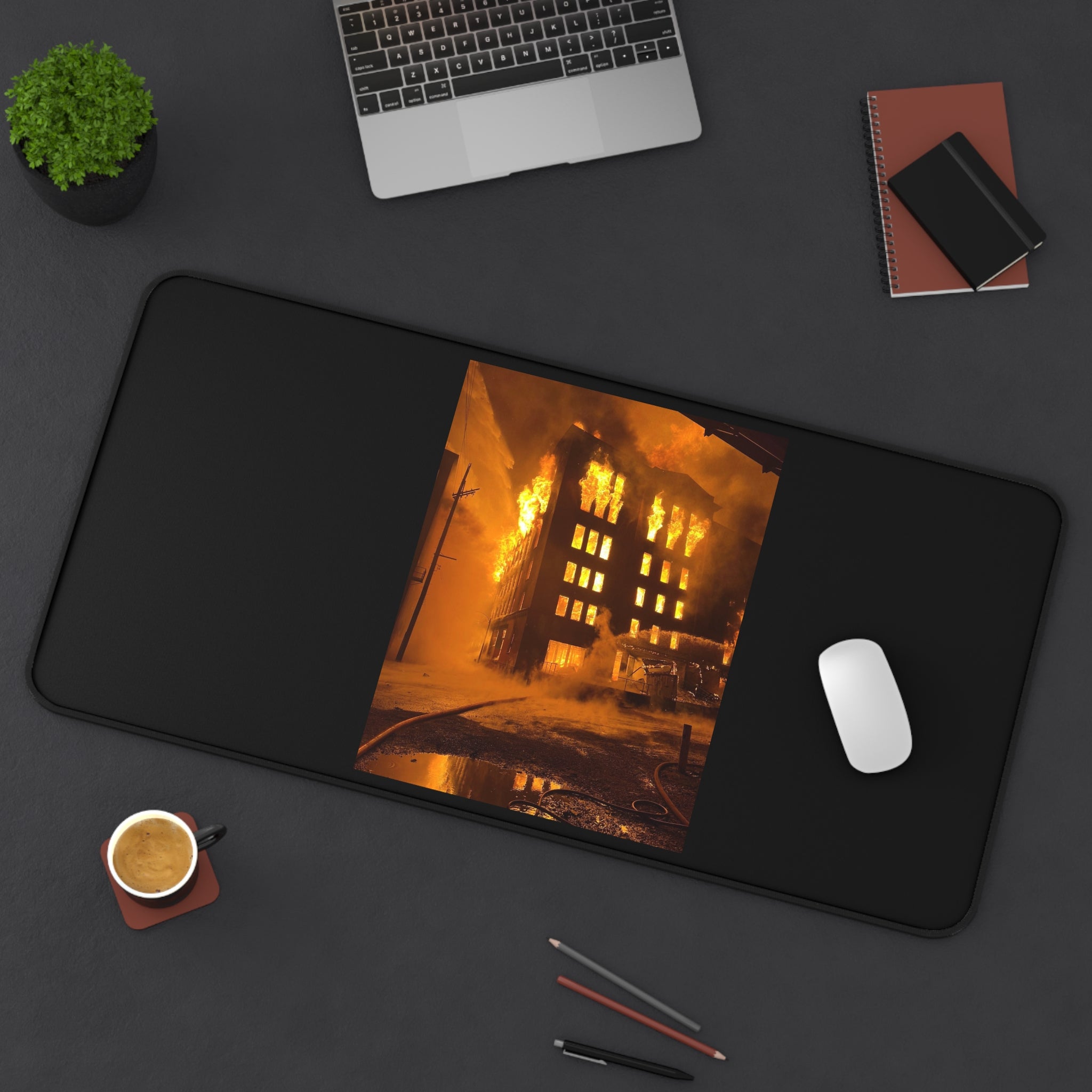 Burning Building Desk Mat — Dramatic Fire Photography Mouse Pad