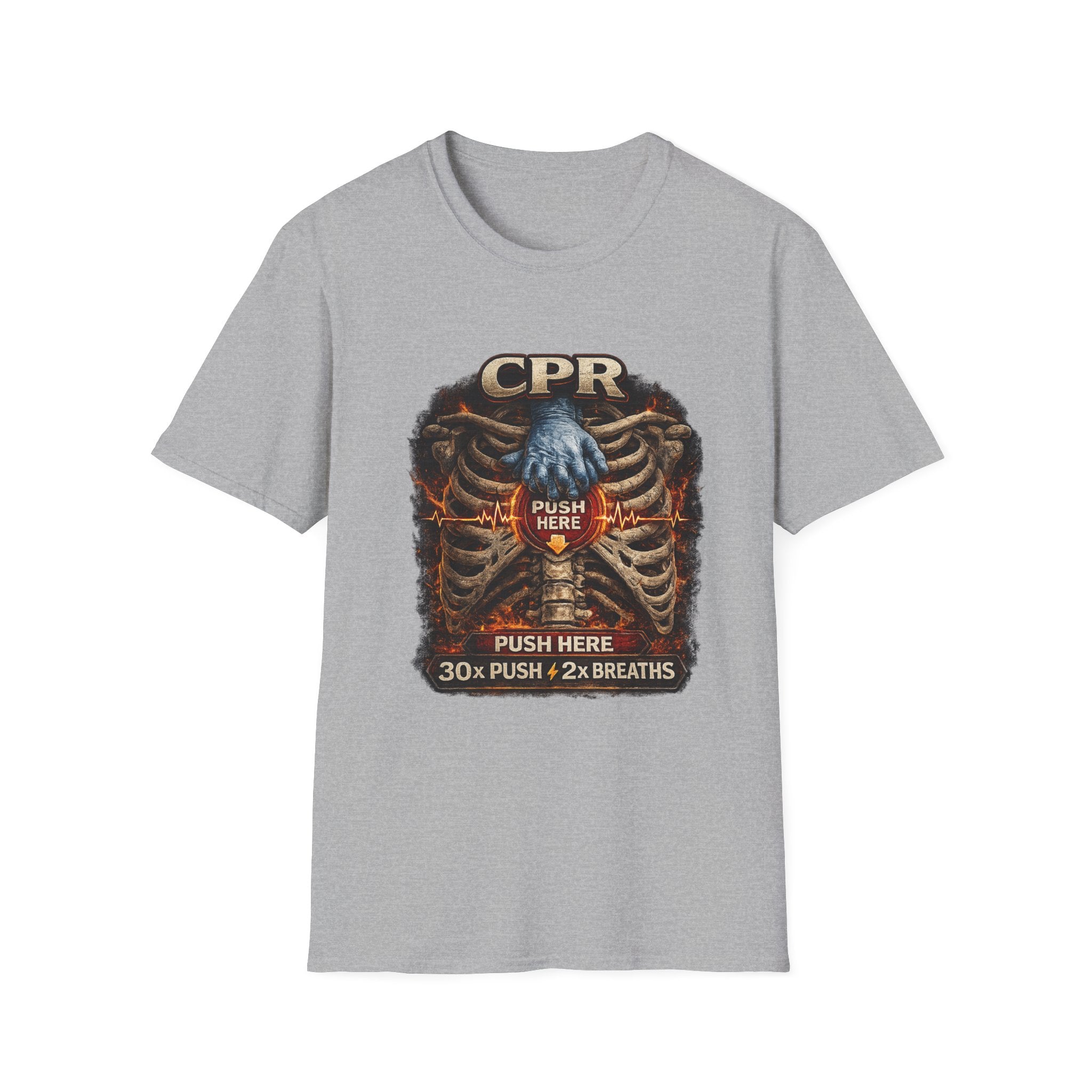 CPR Instruction T-Shirt — Ribcage Graphic with "Push Here: 30x Push + 2x Breaths"