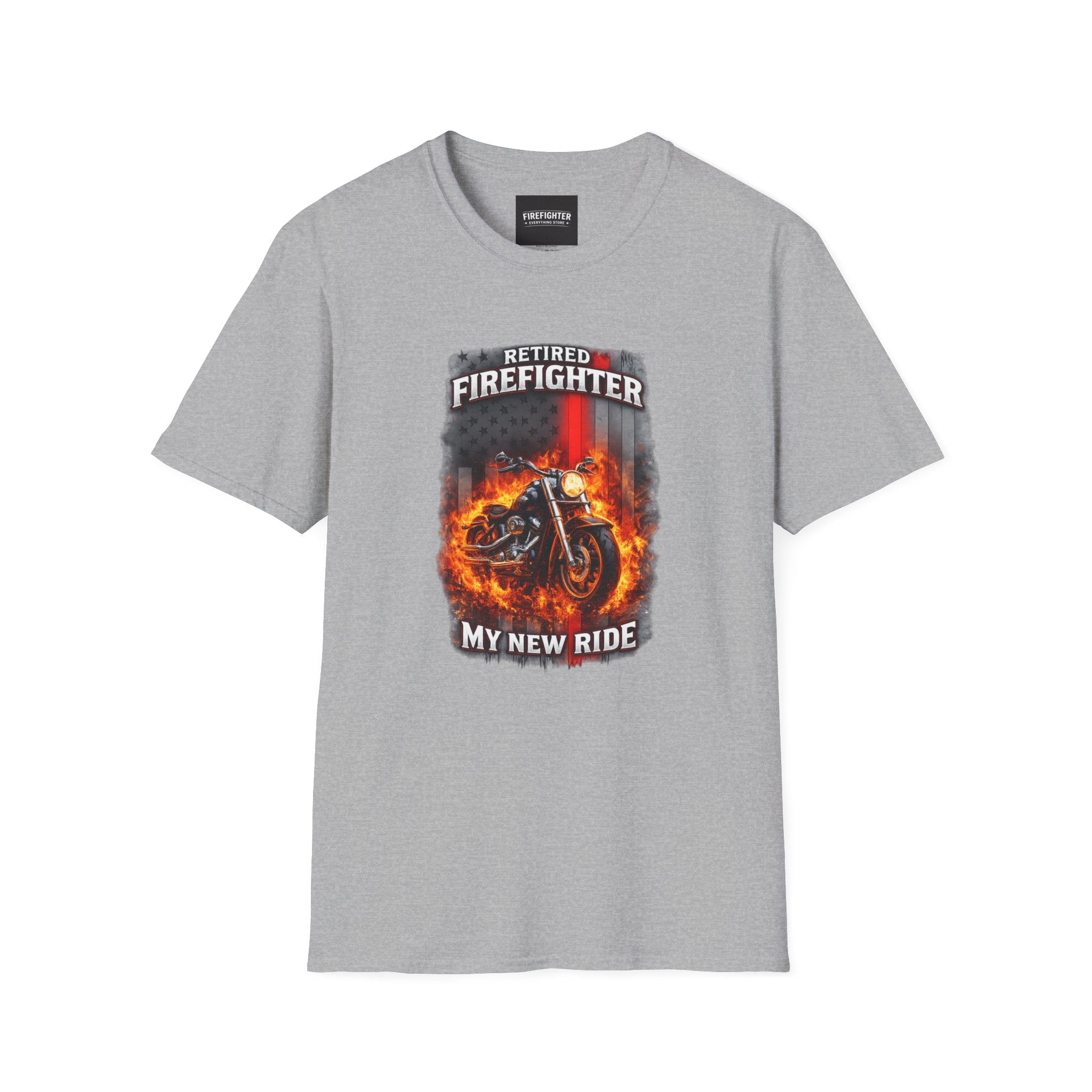 Retired Firefighter Motorcycle T-Shirt — “My New Ride” Biker Tee" Graphic on Front