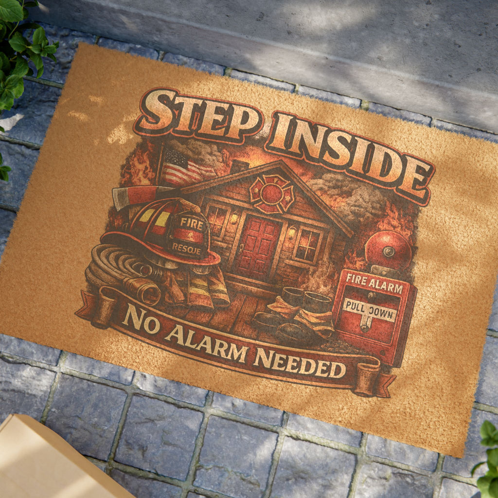 Doormat — "Step Inside, No Alarm Needed" Firefighter Welcome Mat