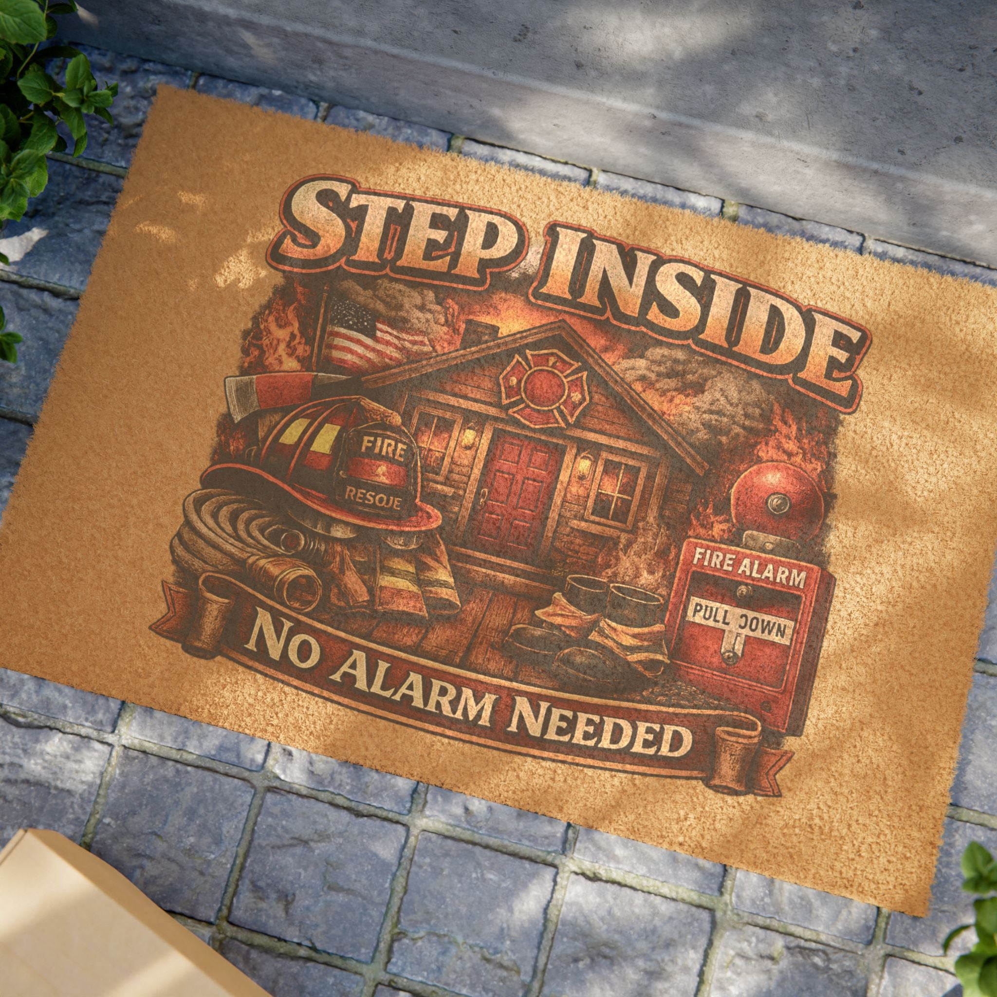 Doormat — "Step Inside, No Alarm Needed" Firefighter Welcome Mat