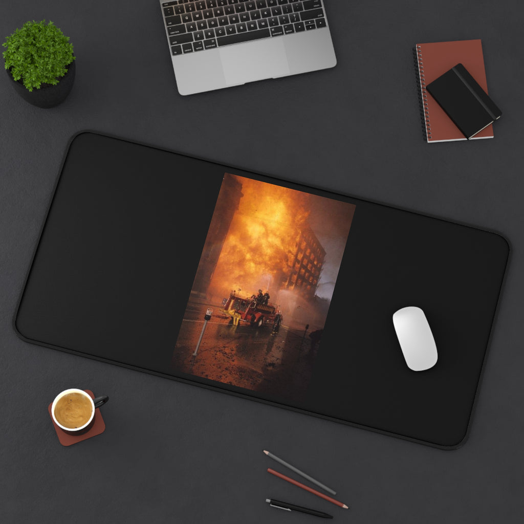 Firefighter Rescue Desk Mat — Dramatic Urban Blaze Photo Mouse Pad