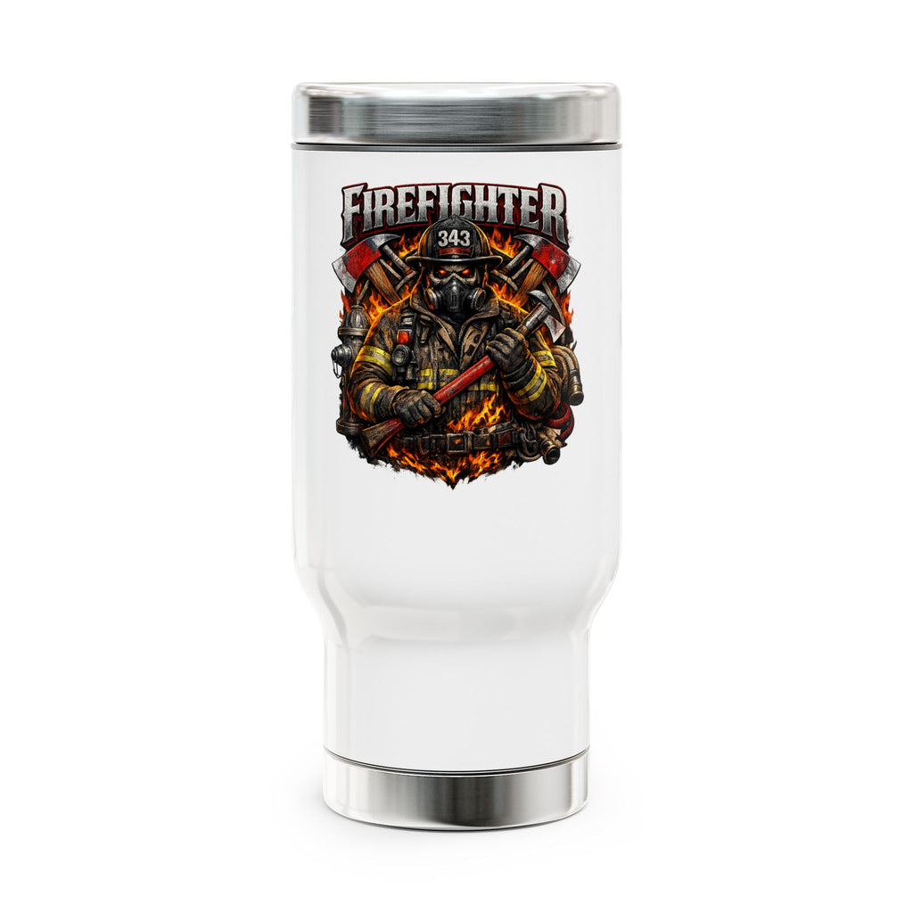 Firefighter Travel Mug – 14oz Stainless Steel Insulated Handle Mug (“Firefighter” Graphic)