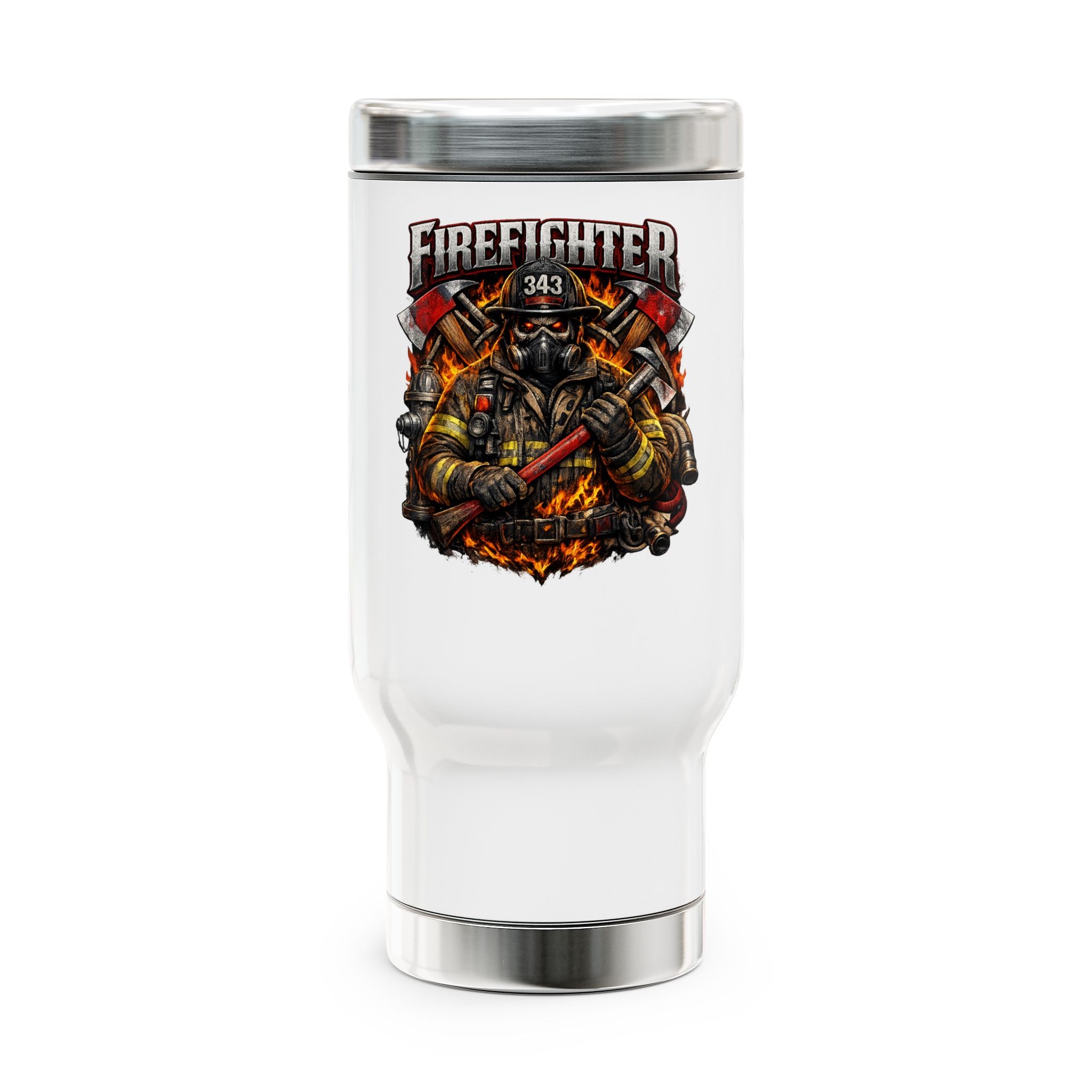 Firefighter Travel Mug – 14oz Stainless Steel Insulated Handle Mug (“Firefighter” Graphic)