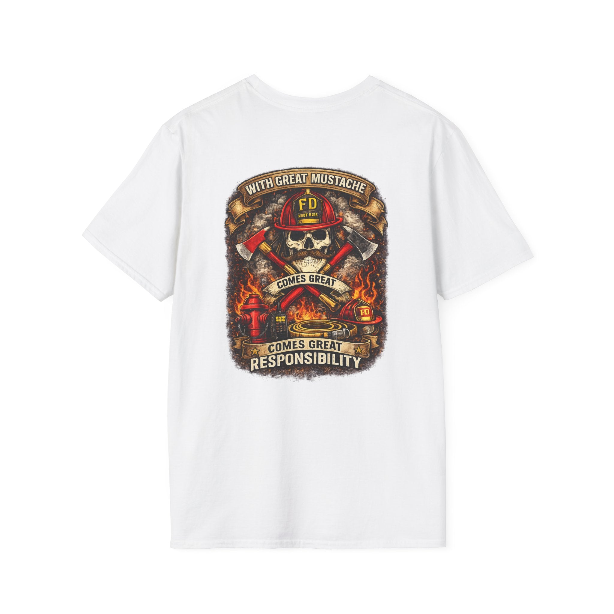 Firefighter Skull T-Shirt — “With Great Mustache Comes Great Responsibility” Graphic Tee