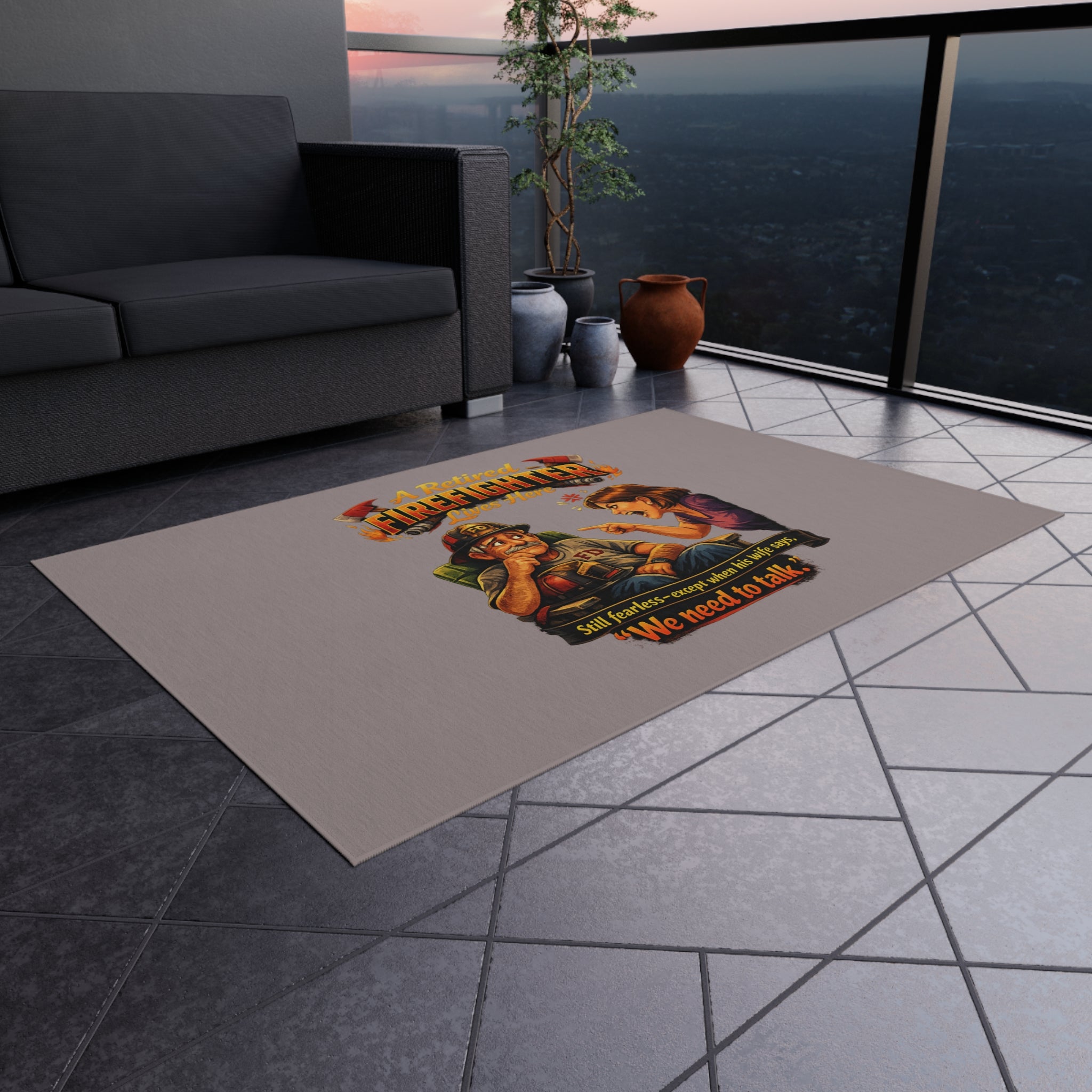 Outdoor Rug — "A Retired Firefighter Lives Here" Funny Patriotic Welcome Mat