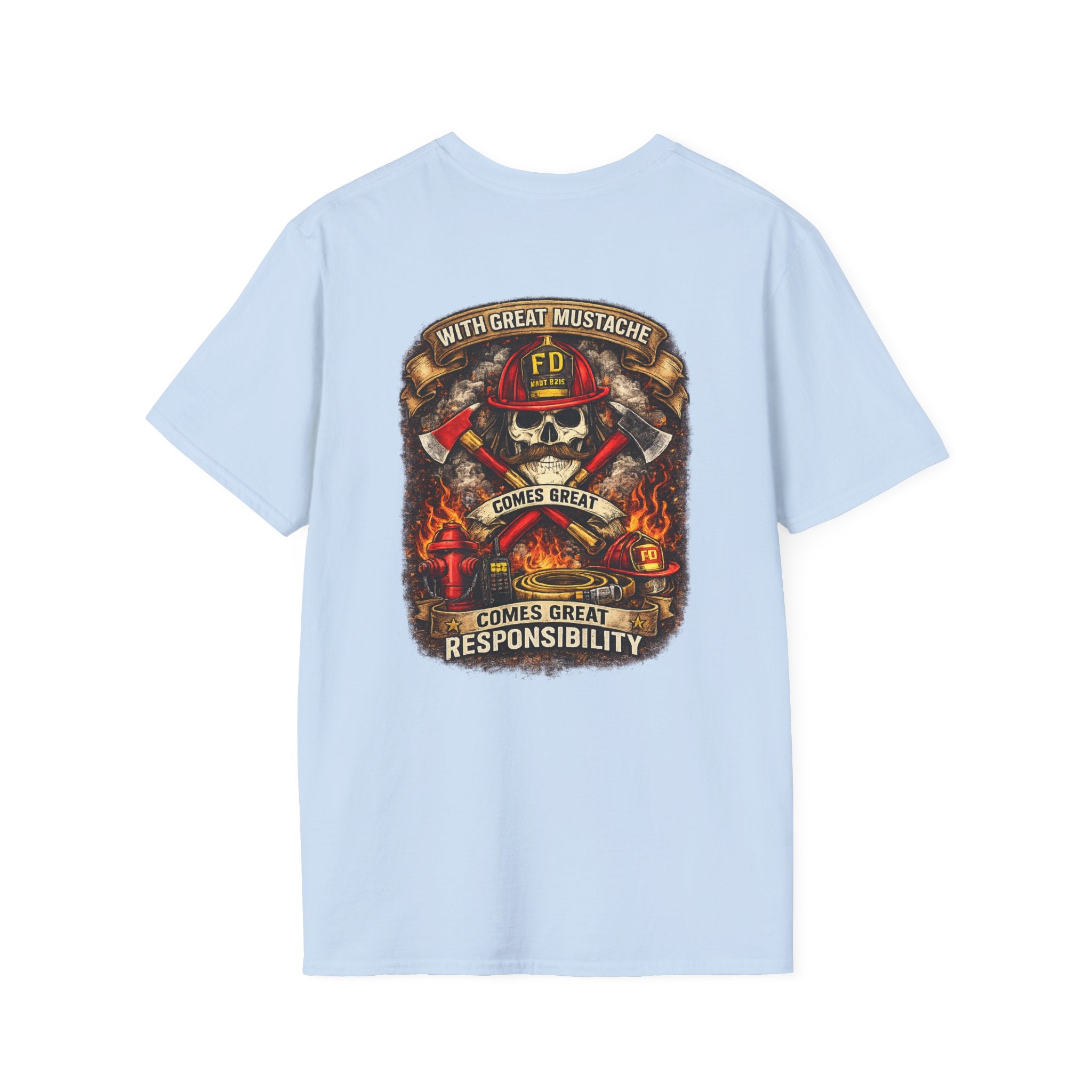 Firefighter Skull T-Shirt — “With Great Mustache Comes Great Responsibility” Graphic Tee