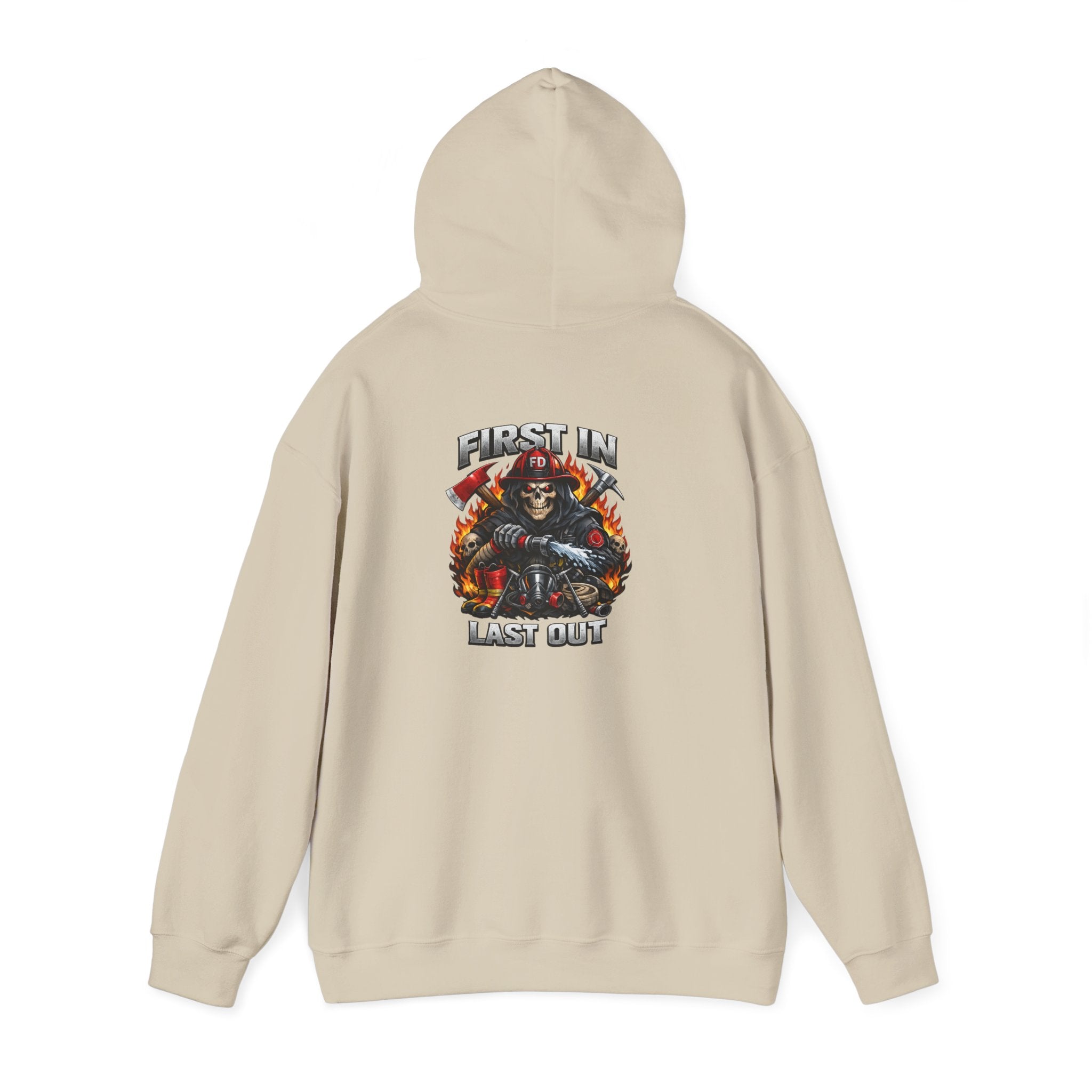 Fireman Skull Hoodie - "Fire In, Last Out" Firefighter Pullover
