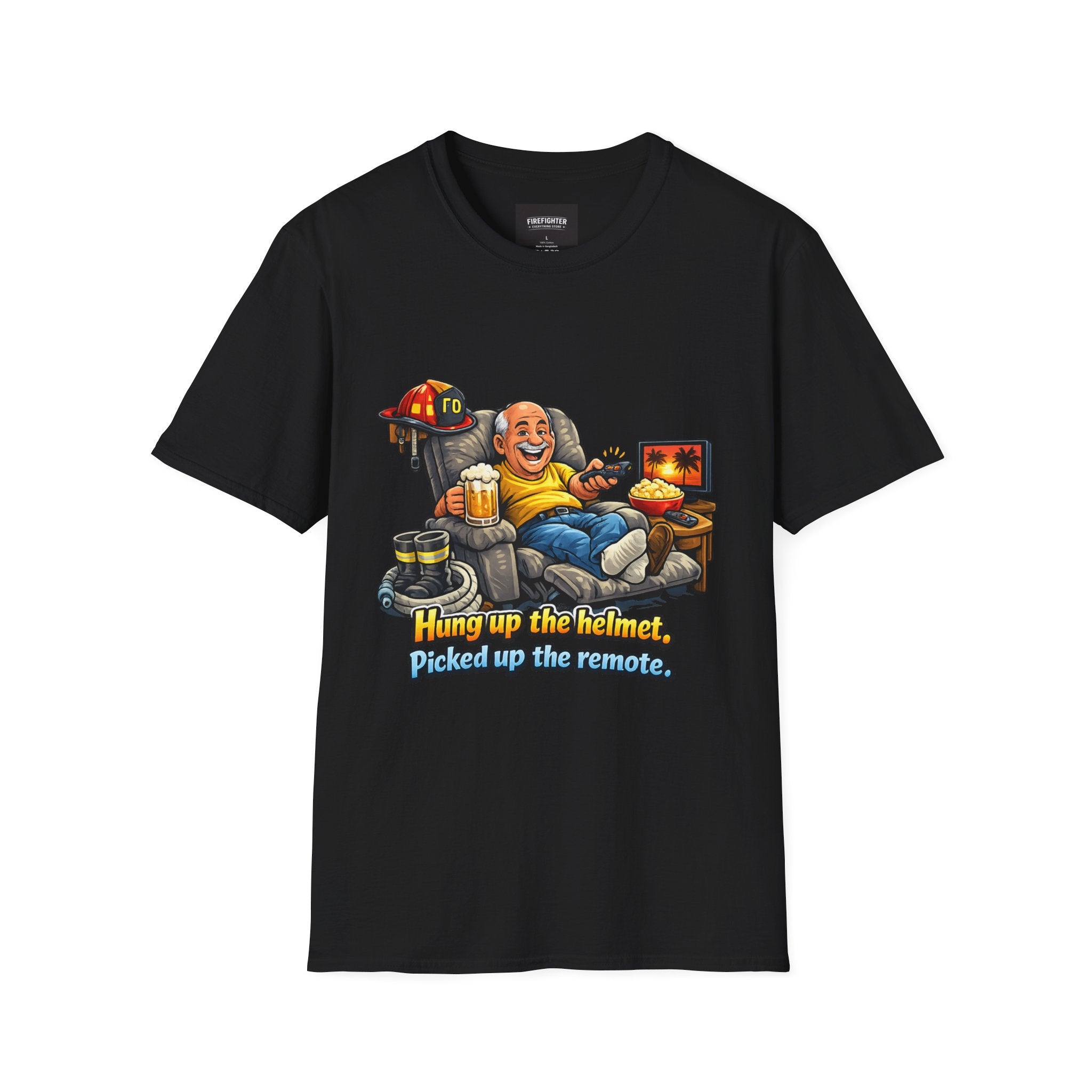 Firefighter Retirement T-Shirt — "Hung up the helmet, picked up the remote" Graphic on Front