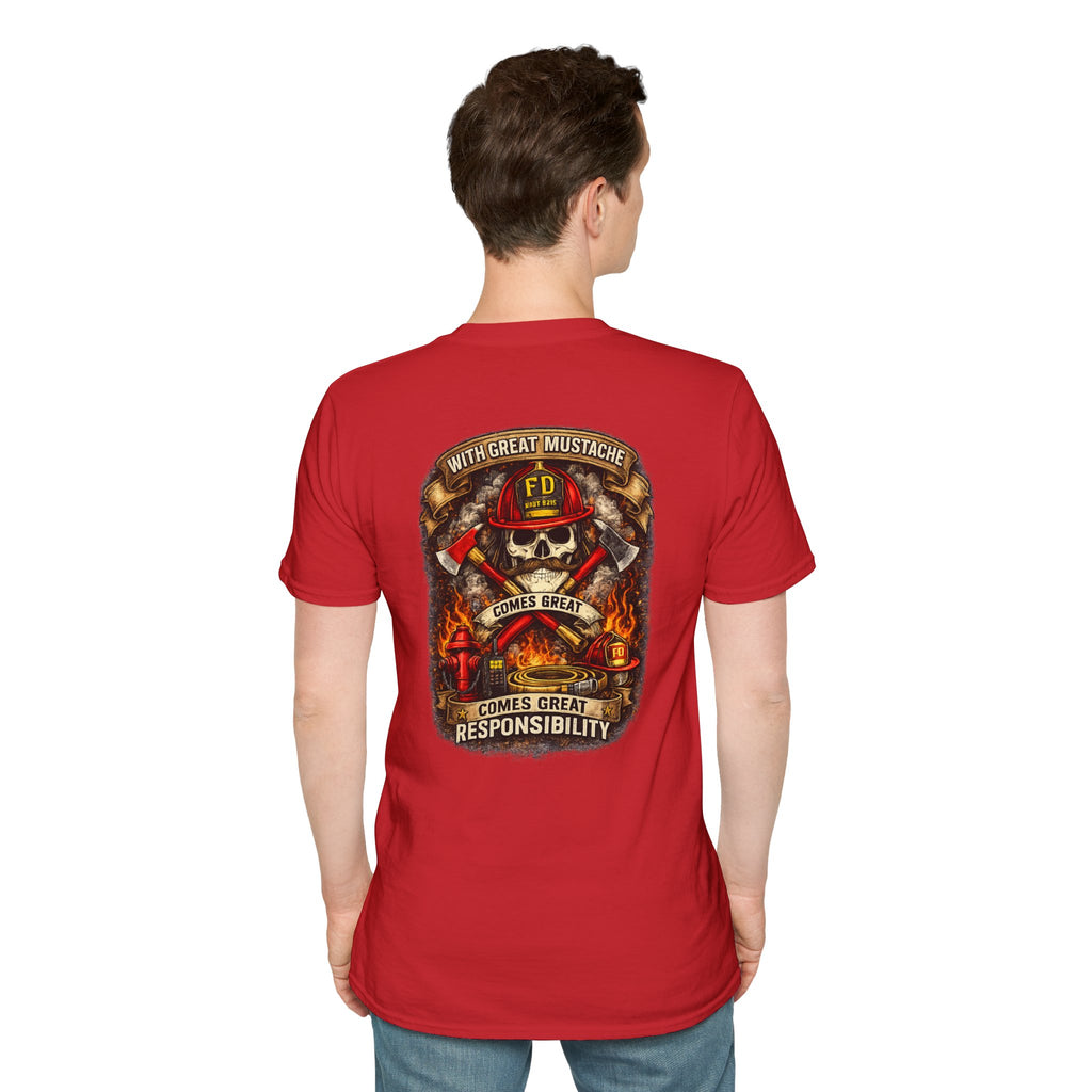 Firefighter Skull T-Shirt — “With Great Mustache Comes Great Responsibility” Graphic Tee