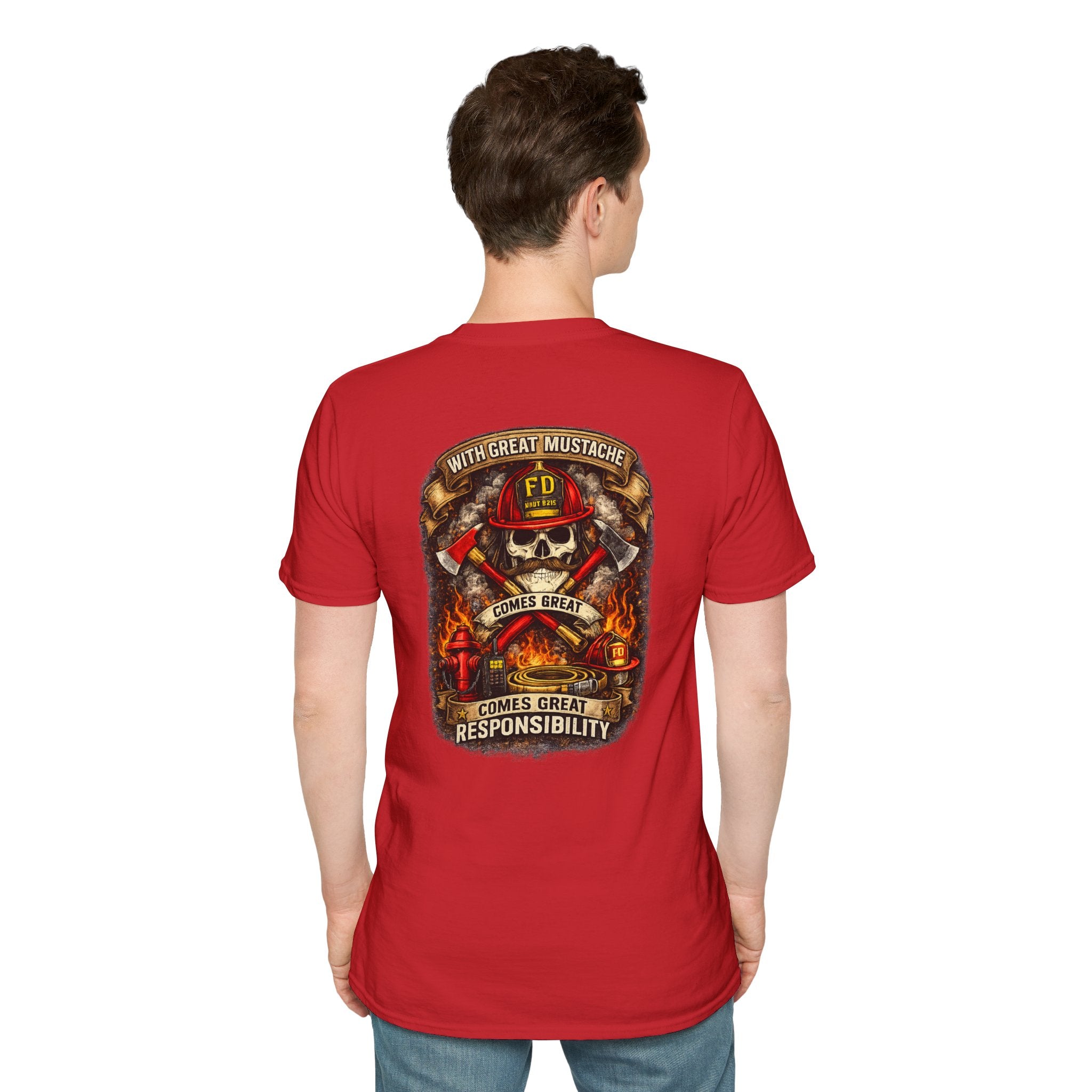 Firefighter Skull T-Shirt — “With Great Mustache Comes Great Responsibility” Graphic Tee