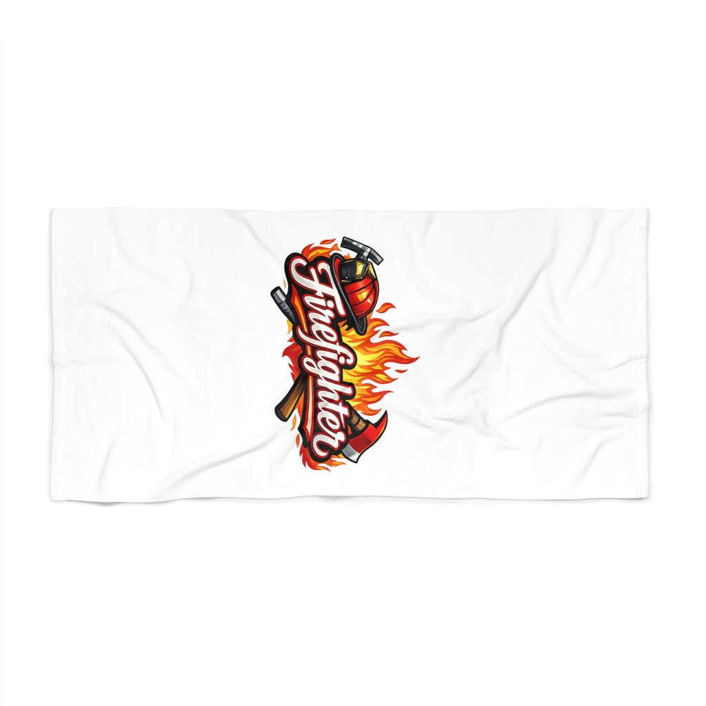 Firefighter Emblem Beach Towel – Helmet, Axe & Flames Design