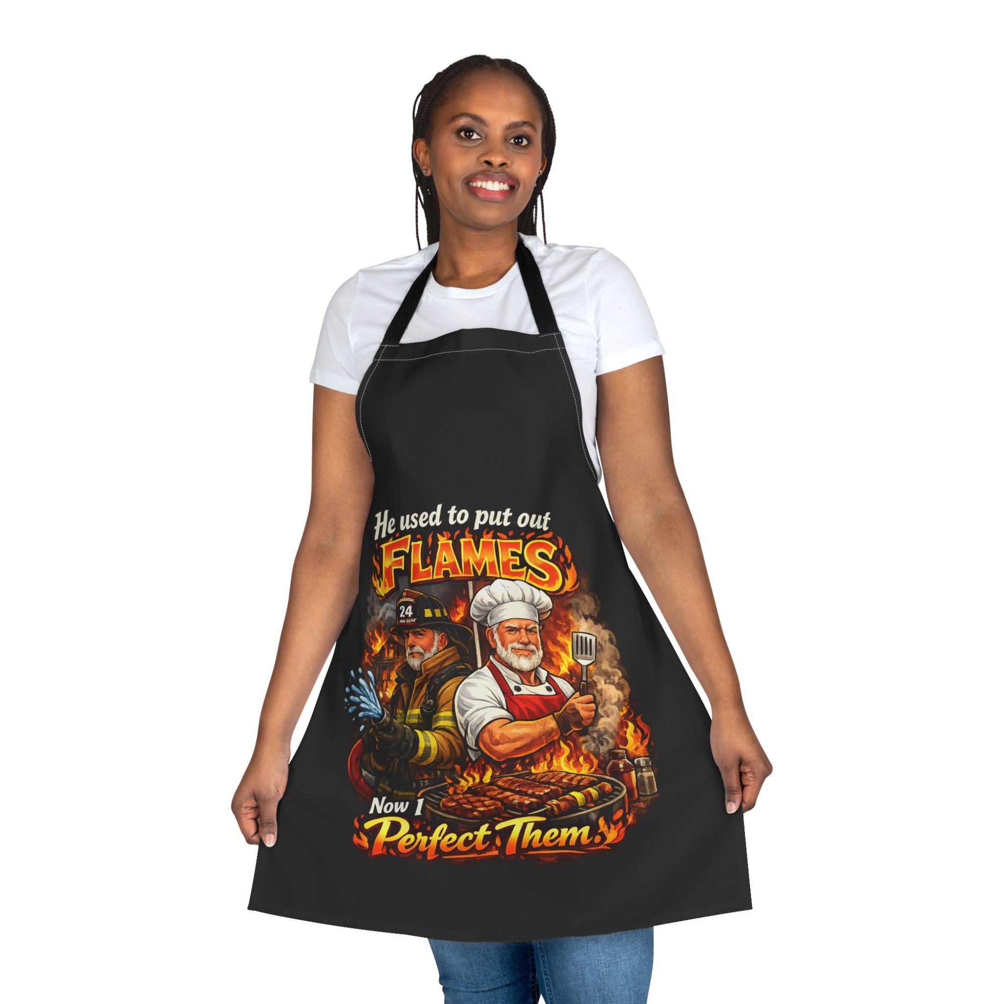 Firefighter Dad Chef Apron — "He used to put out flames, now I perfect them" Grill & BBQ Apron