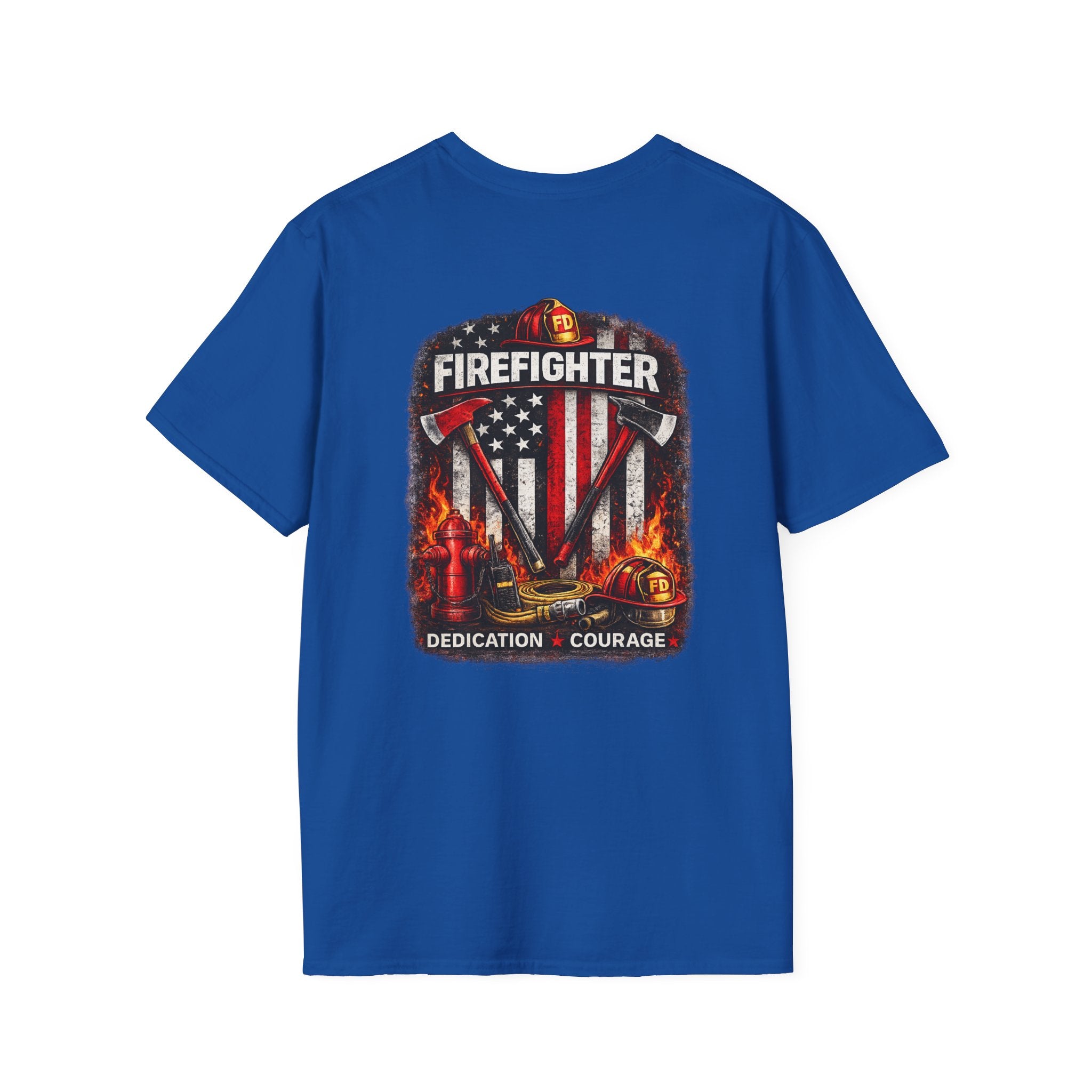 Firefighter T-Shirt — American Flag Helmet Design with "Dedication • Courage"