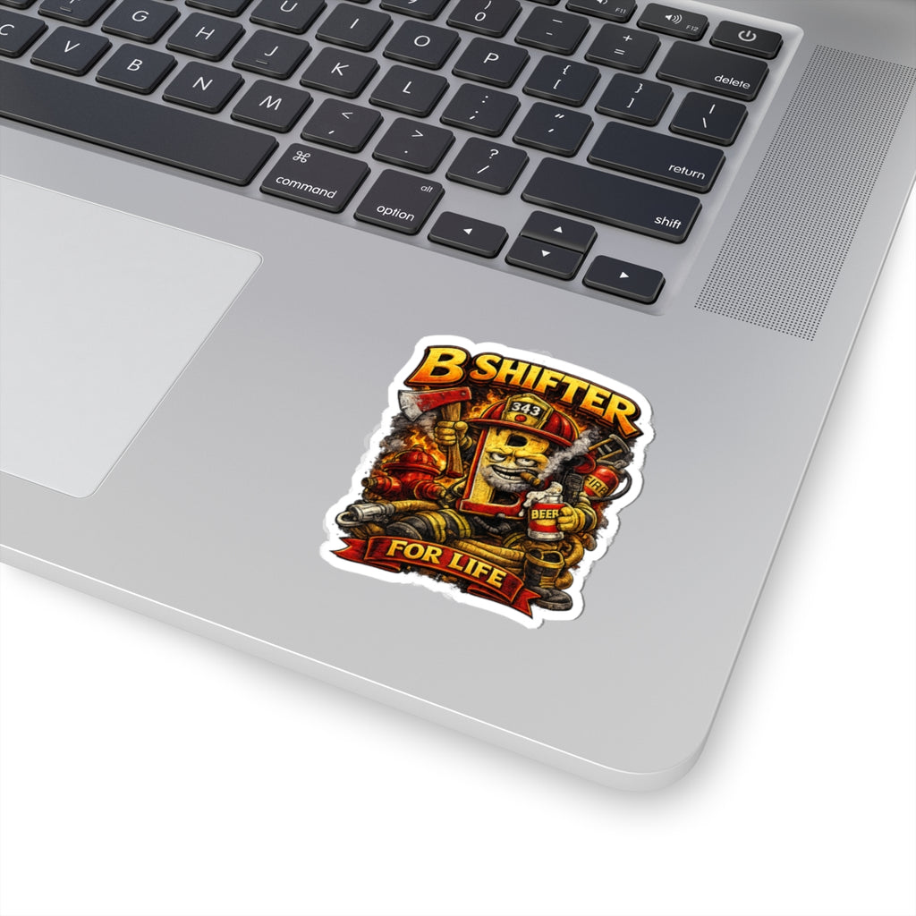 B Shifter For Life Kiss-Cut Sticker — Firefighter Axe & Beer Cartoon Decal