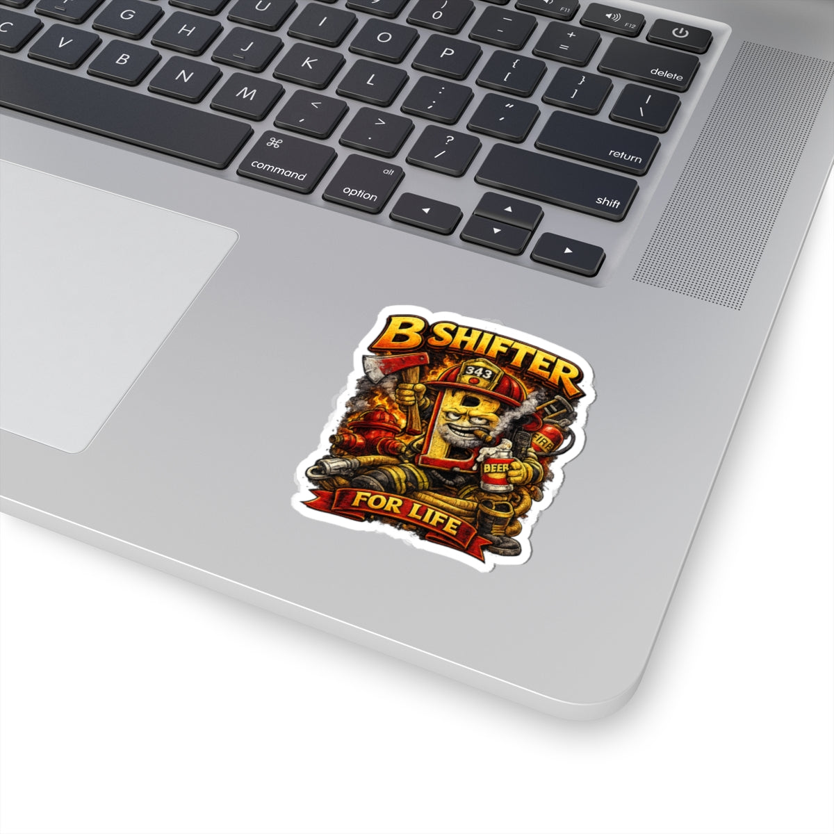 B Shifter For Life Kiss-Cut Sticker — Firefighter Axe & Beer Cartoon Decal