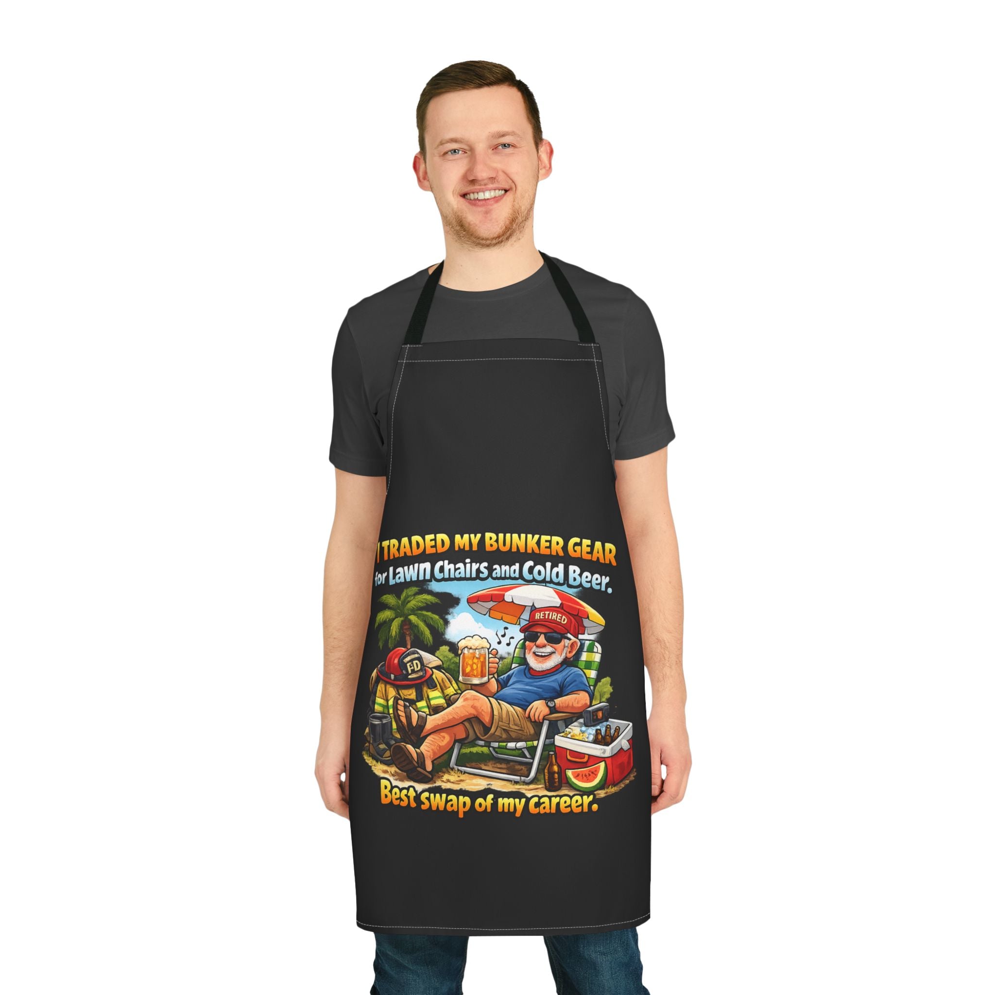 Funny Firefighter Apron – “I Traded My Bunker Gear for Lawn Chairs and Cold Beer” Grilling Apron