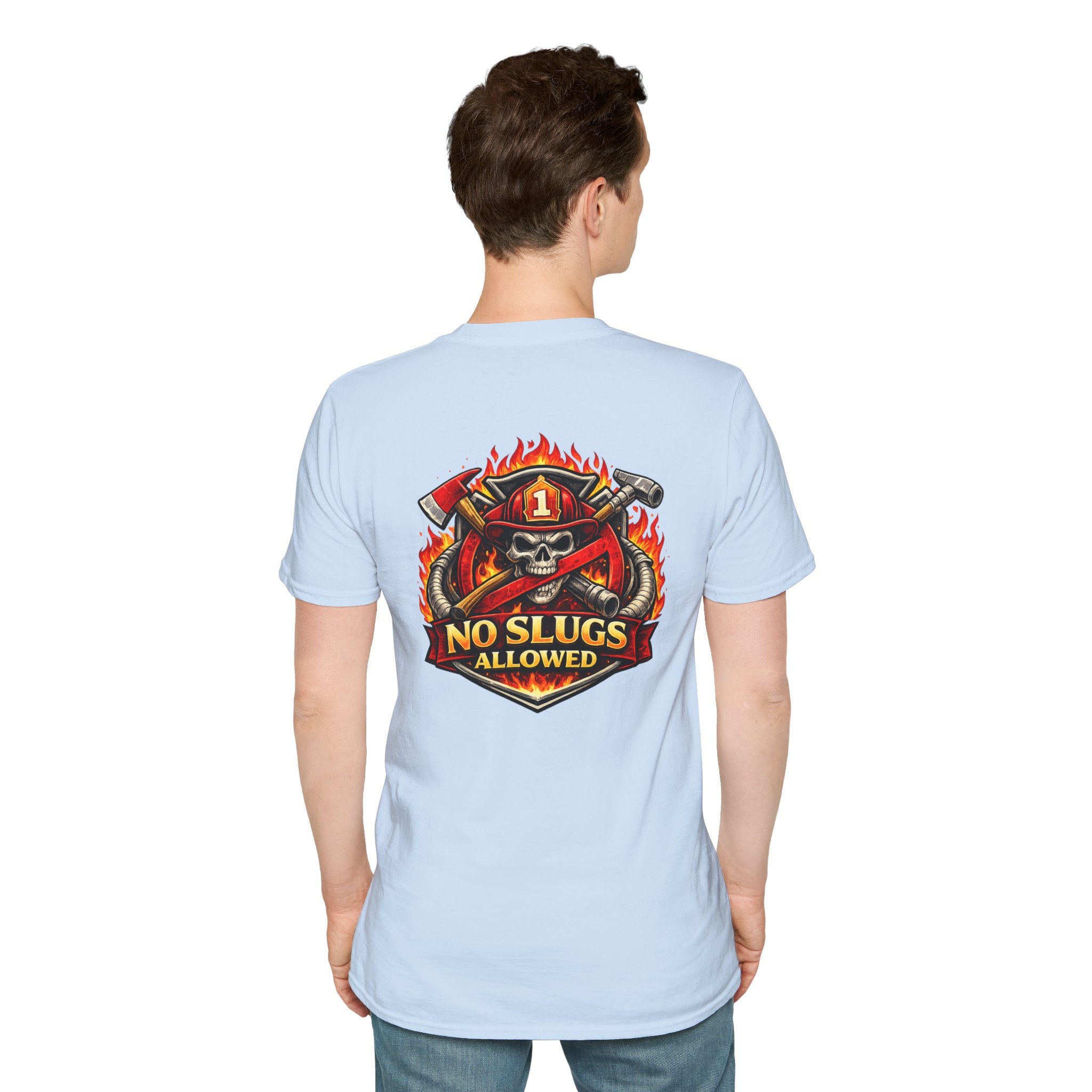 Firefighter Skull T-Shirt — "No Slugs Allowed" Graphic Tee