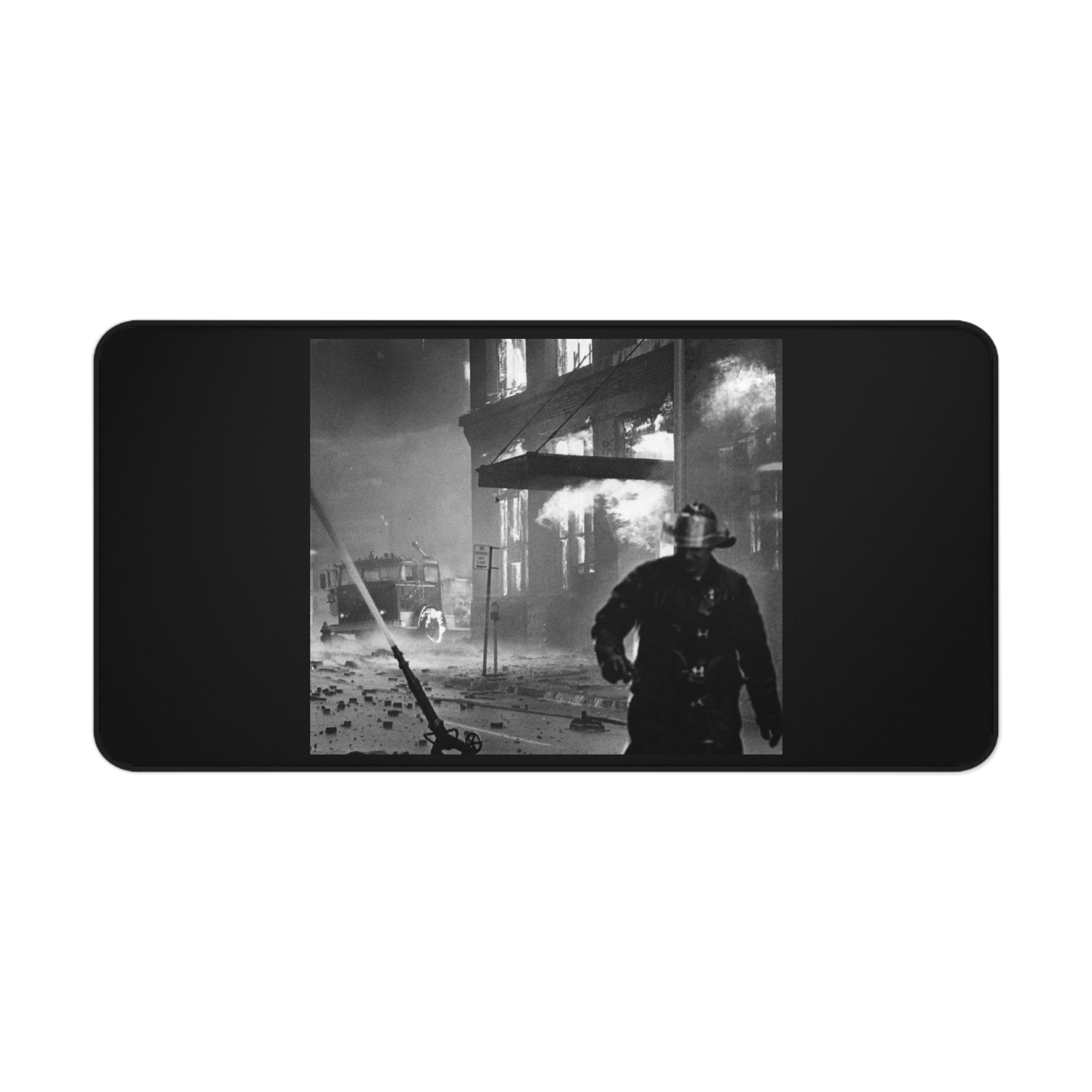 Vintage Firefighter Photo Desk Mat – Retro Black & White Fire Scene Mouse Pad