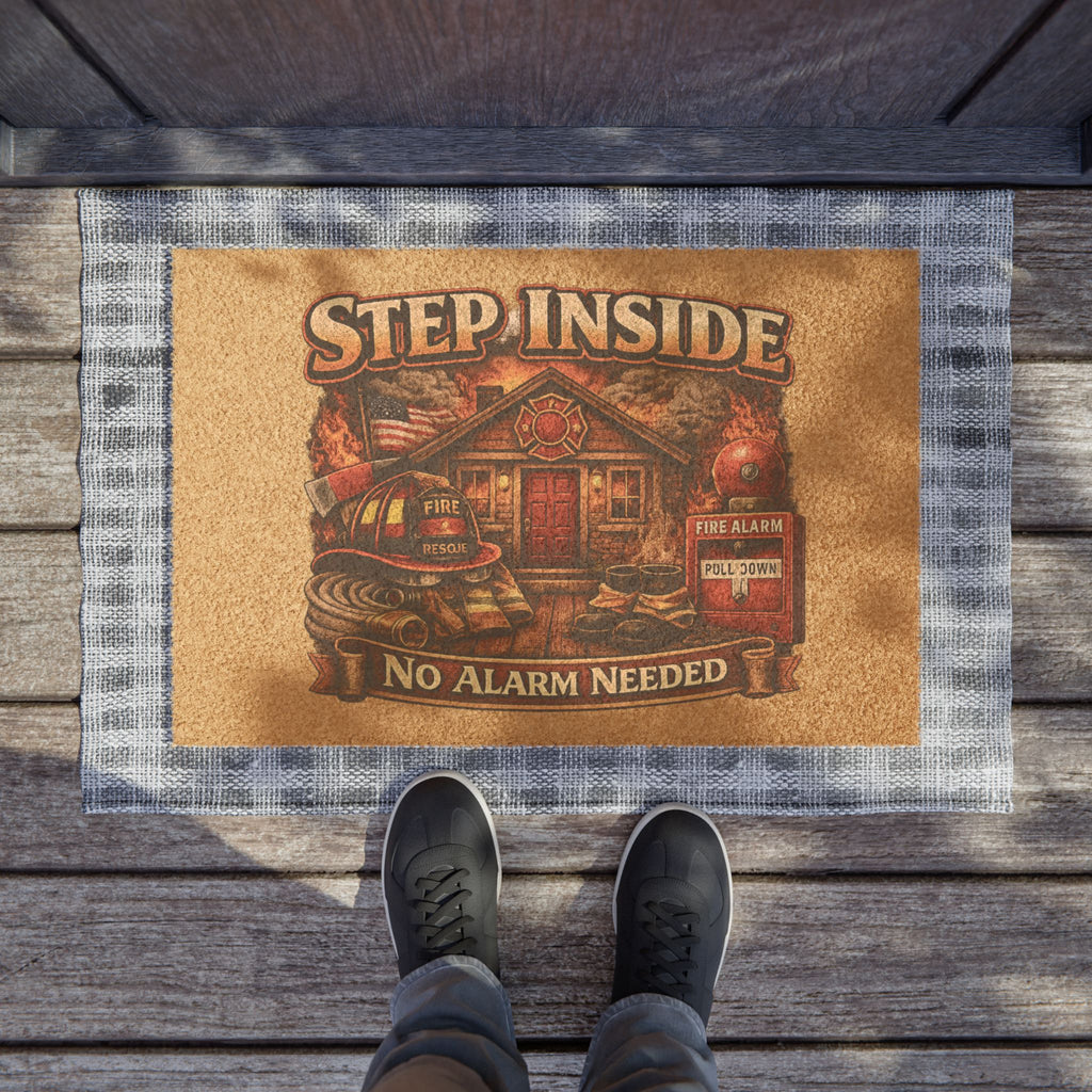 Doormat — "Step Inside, No Alarm Needed" Firefighter Welcome Mat