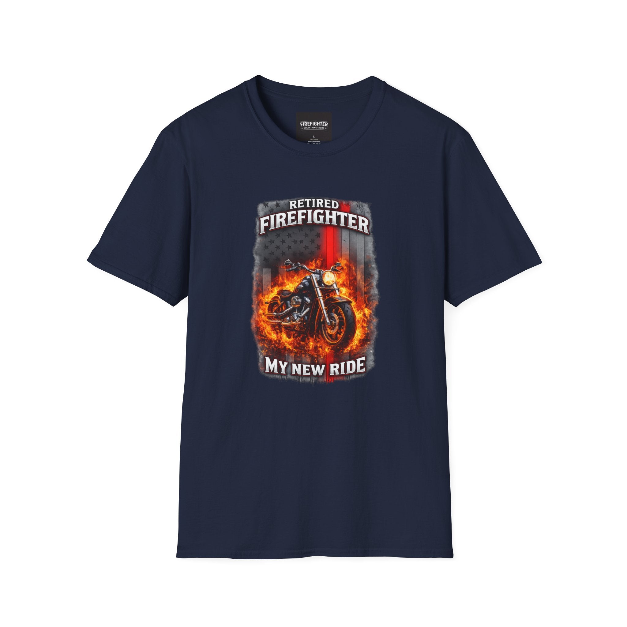 Retired Firefighter Motorcycle T-Shirt — “My New Ride” Biker Tee" Graphic on Front