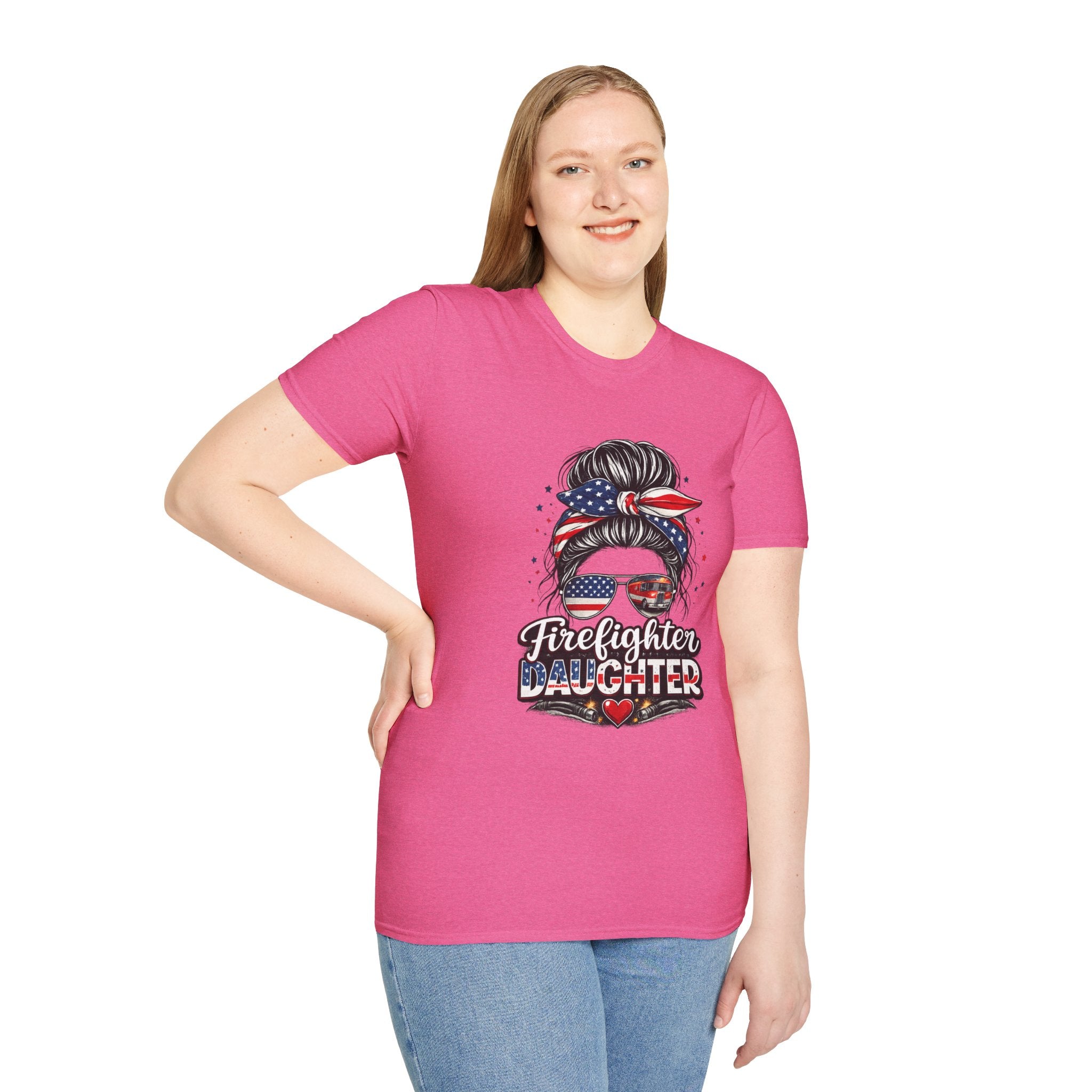 Firefighter Daughter T-Shirt — Patriotic Messy Bun Sunglasses Design
