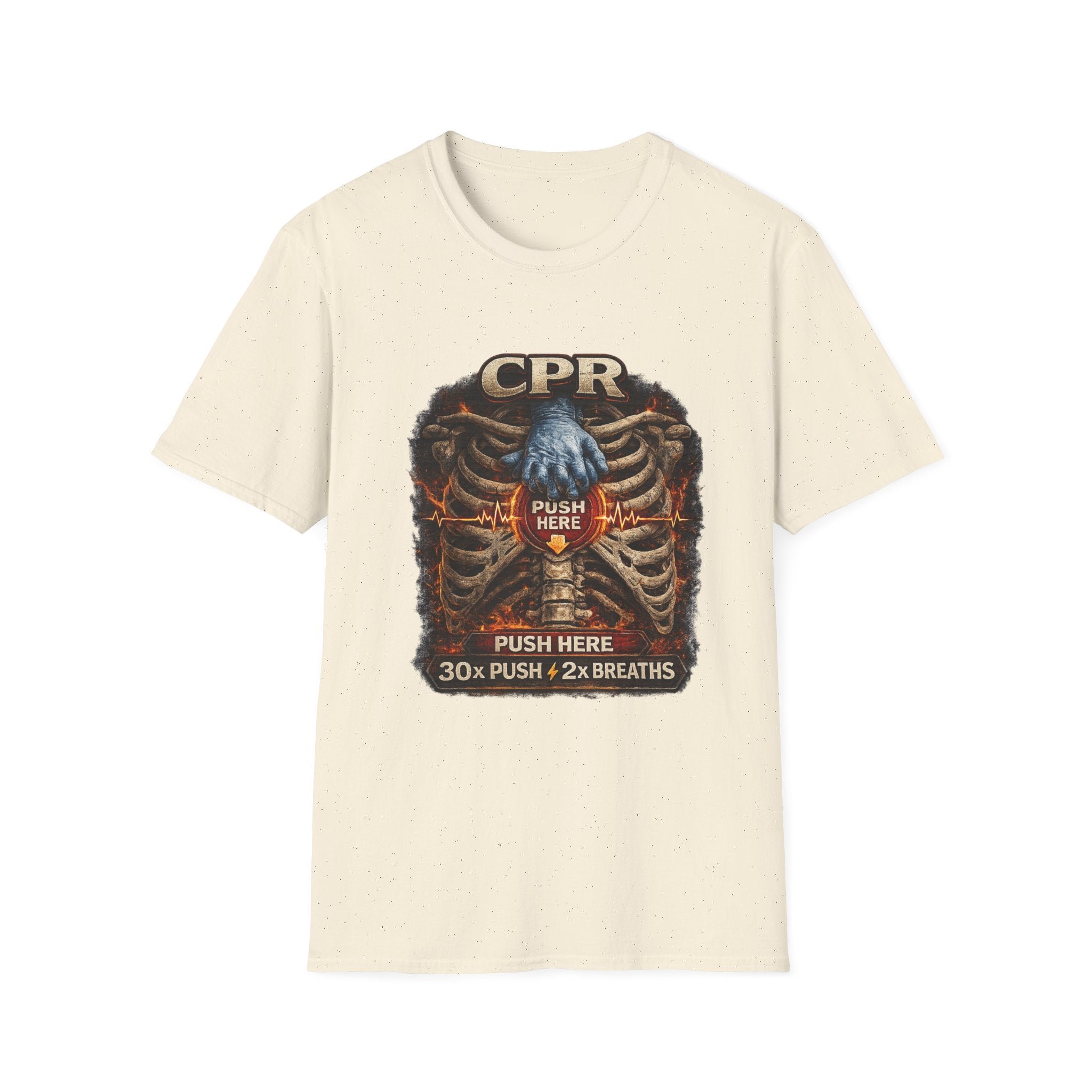 CPR Instruction T-Shirt — Ribcage Graphic with "Push Here: 30x Push + 2x Breaths"