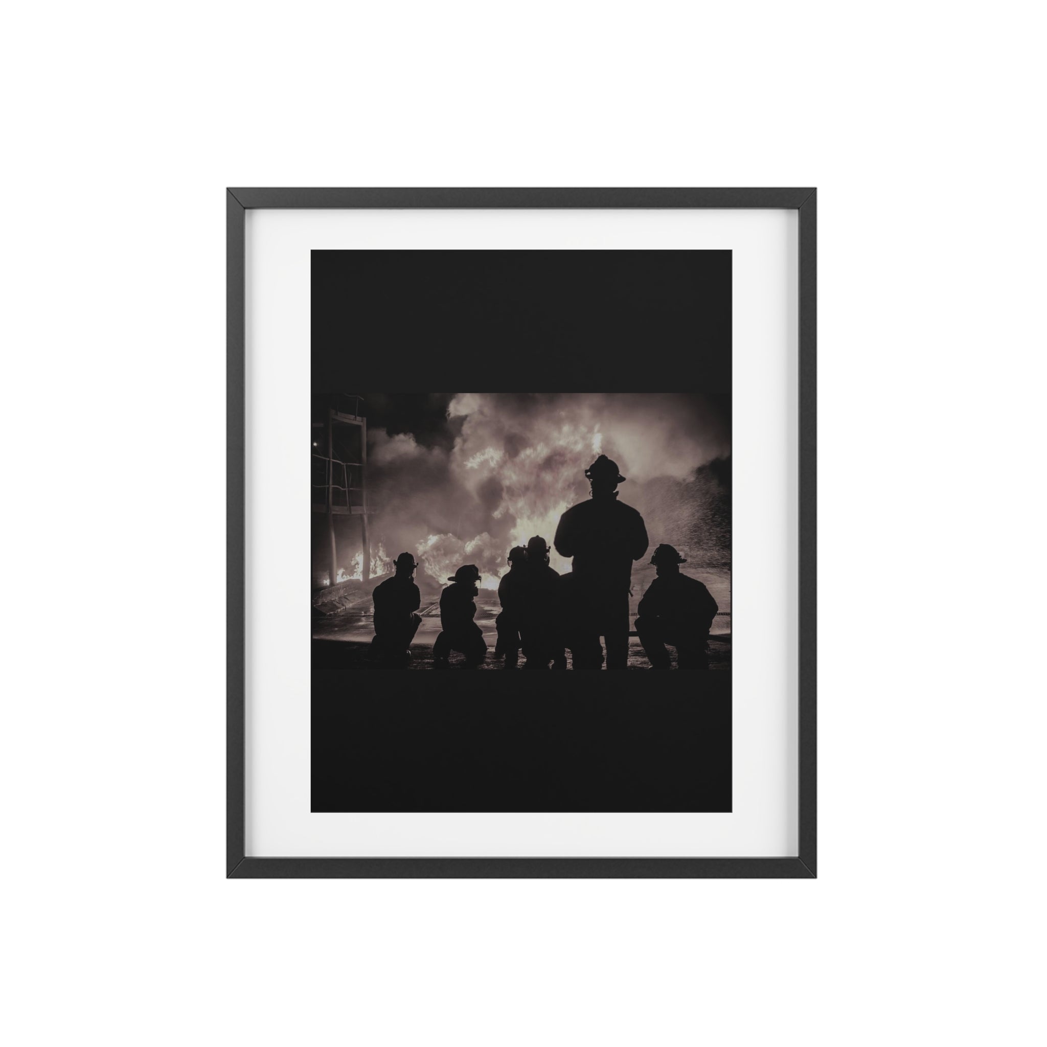 Firefighter Silhouette Framed Poster — Black & White Matte Print
