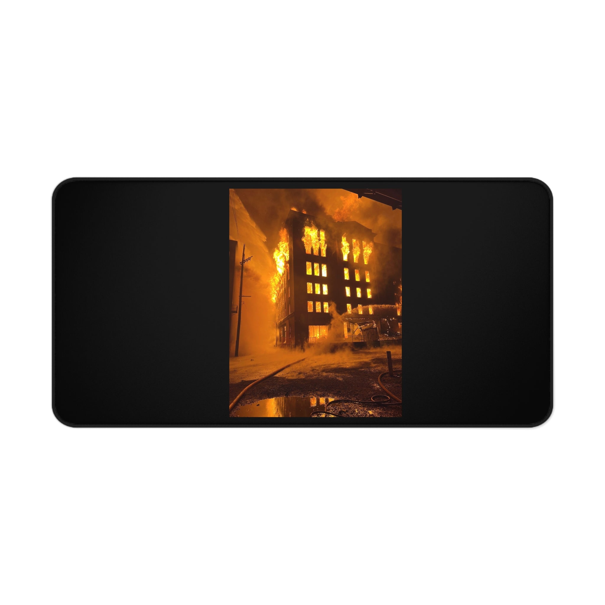 Burning Building Desk Mat — Dramatic Fire Photography Mouse Pad