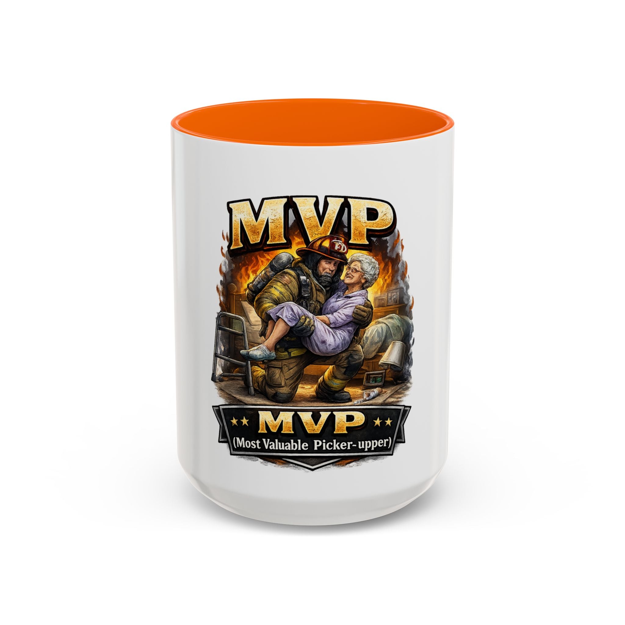 MVP Coffee Mug — "Most Valuable Picker-Upper" Firefighter Rescue Design (11/15 oz)