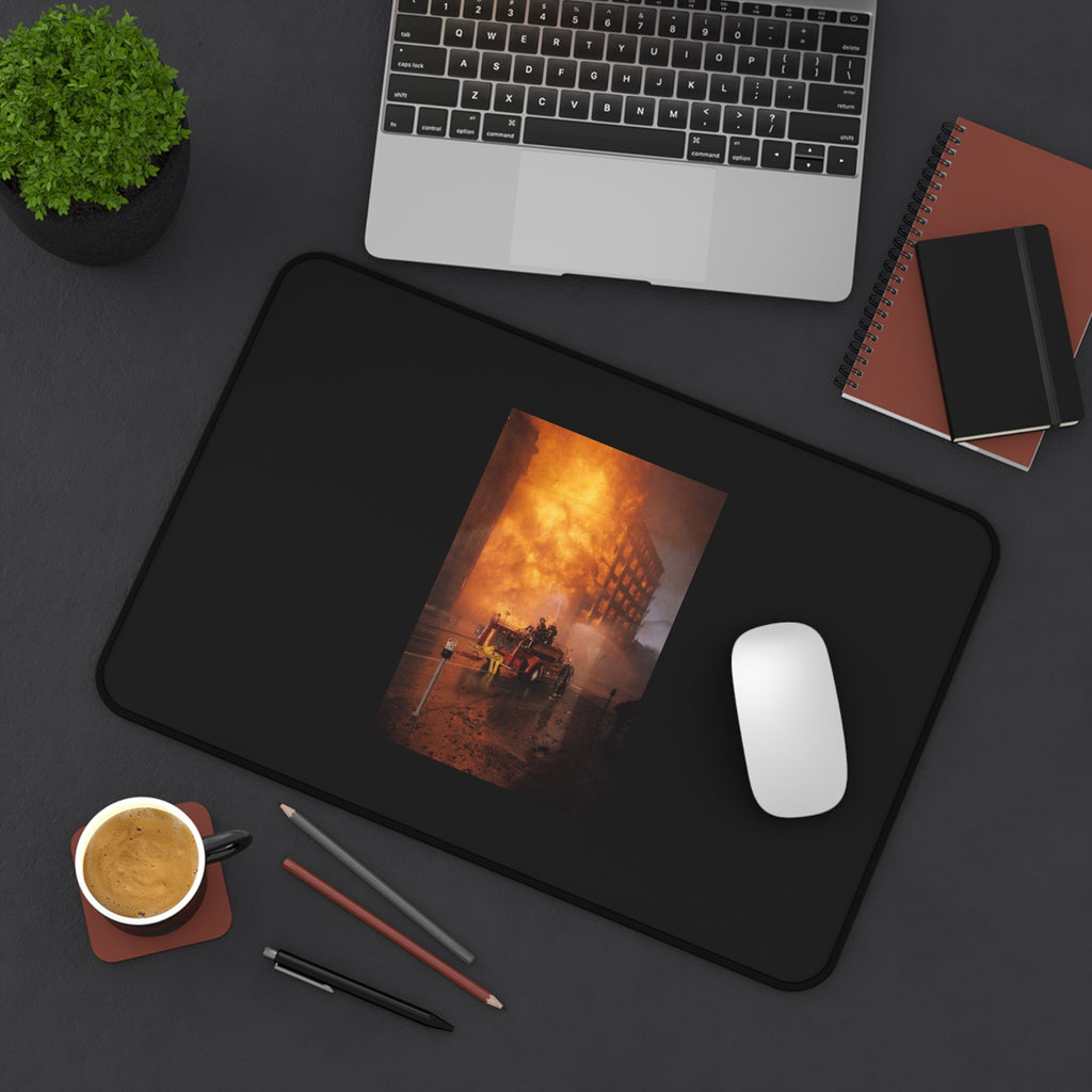 Firefighter Rescue Desk Mat — Dramatic Urban Blaze Photo Mouse Pad