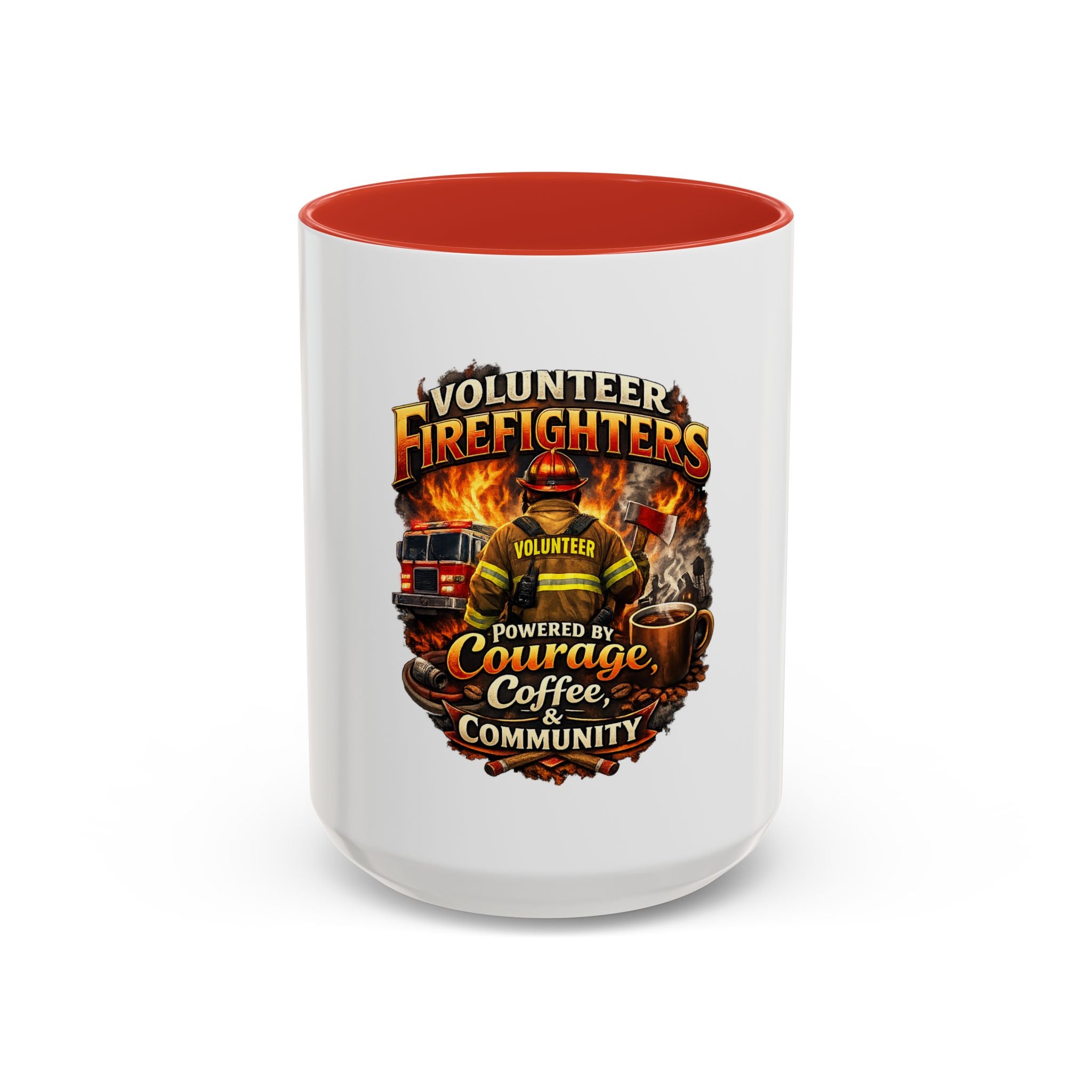 Volunteer Firefighter Coffee Mug — "Powered by Courage, Coffee & Community"