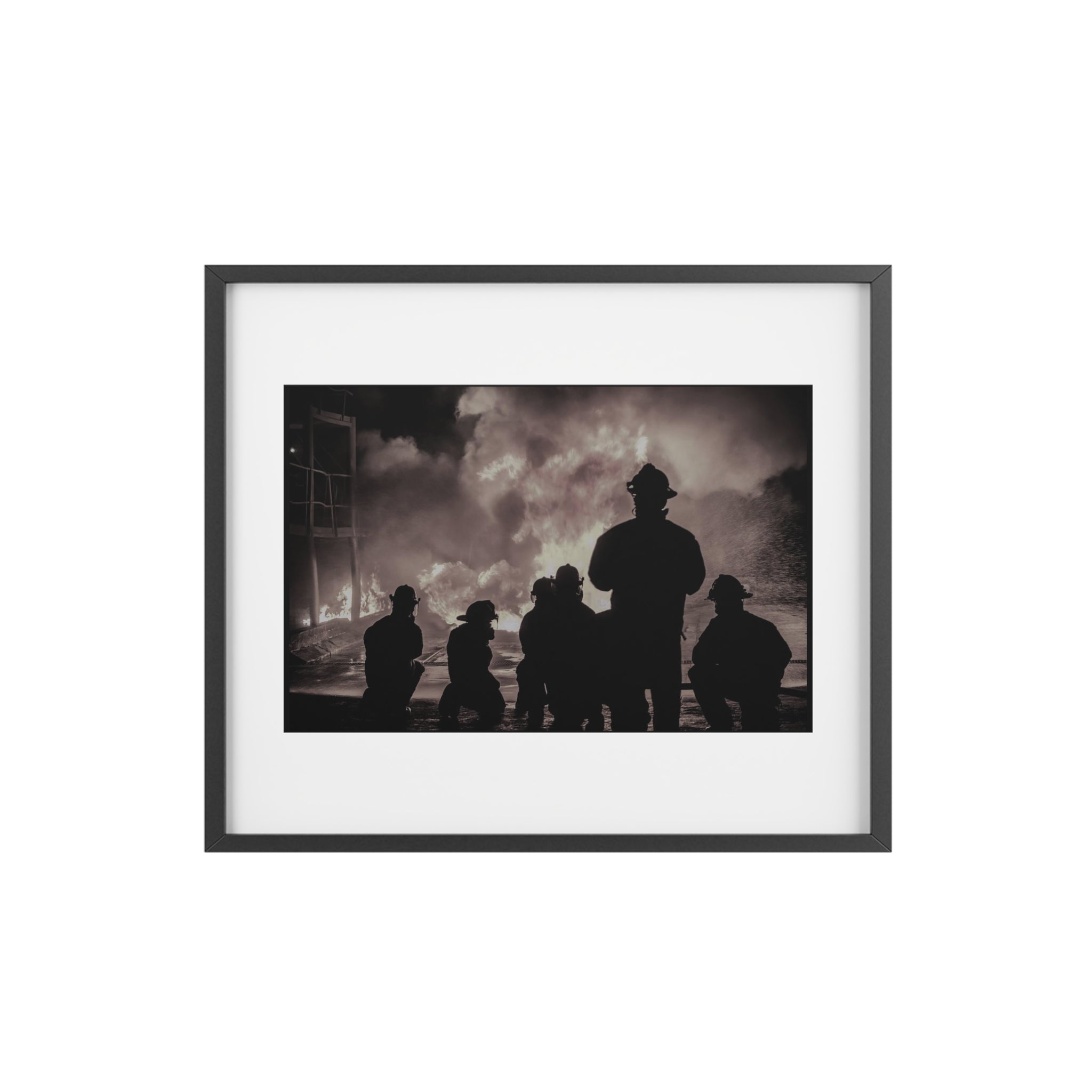 Firefighter Silhouette Framed Poster — Black & White Matte Print