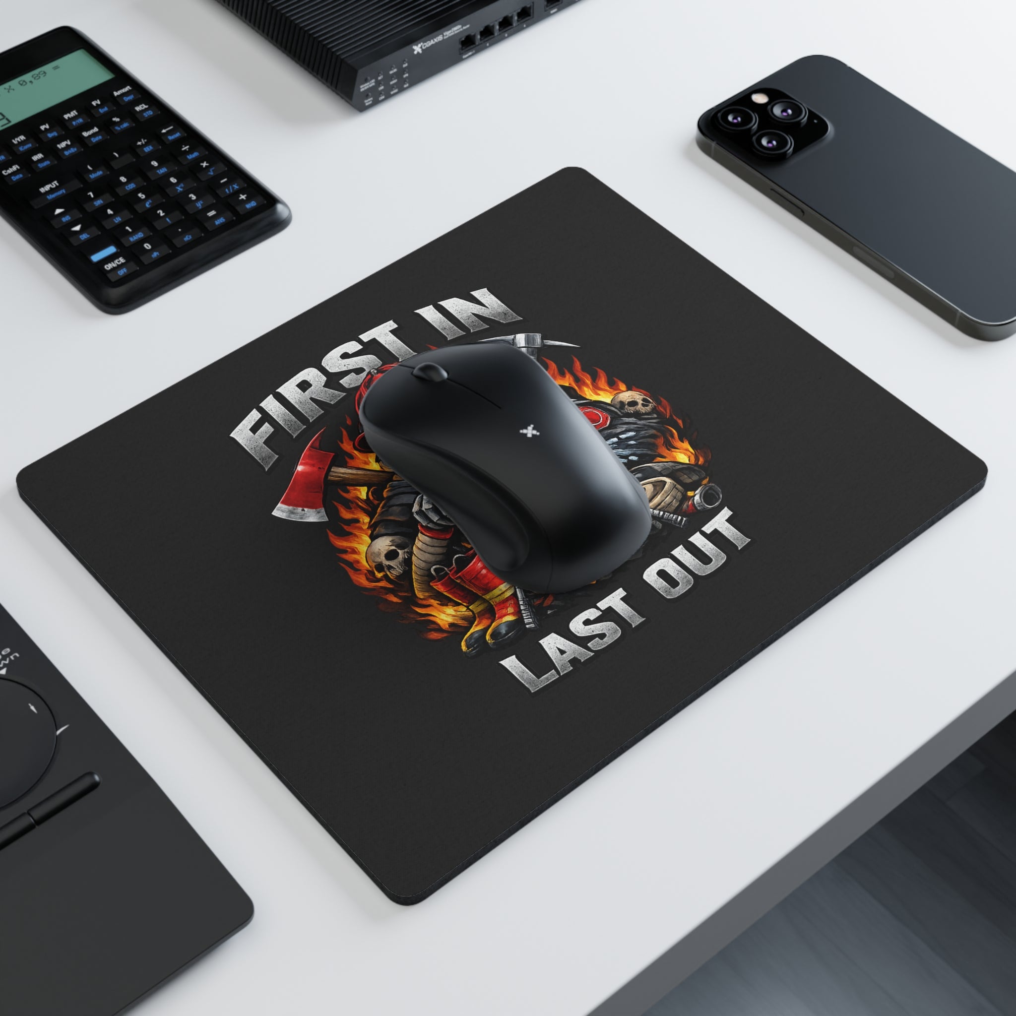 Firefighter Mouse Pad — "First In Last Out" Skull & Flames