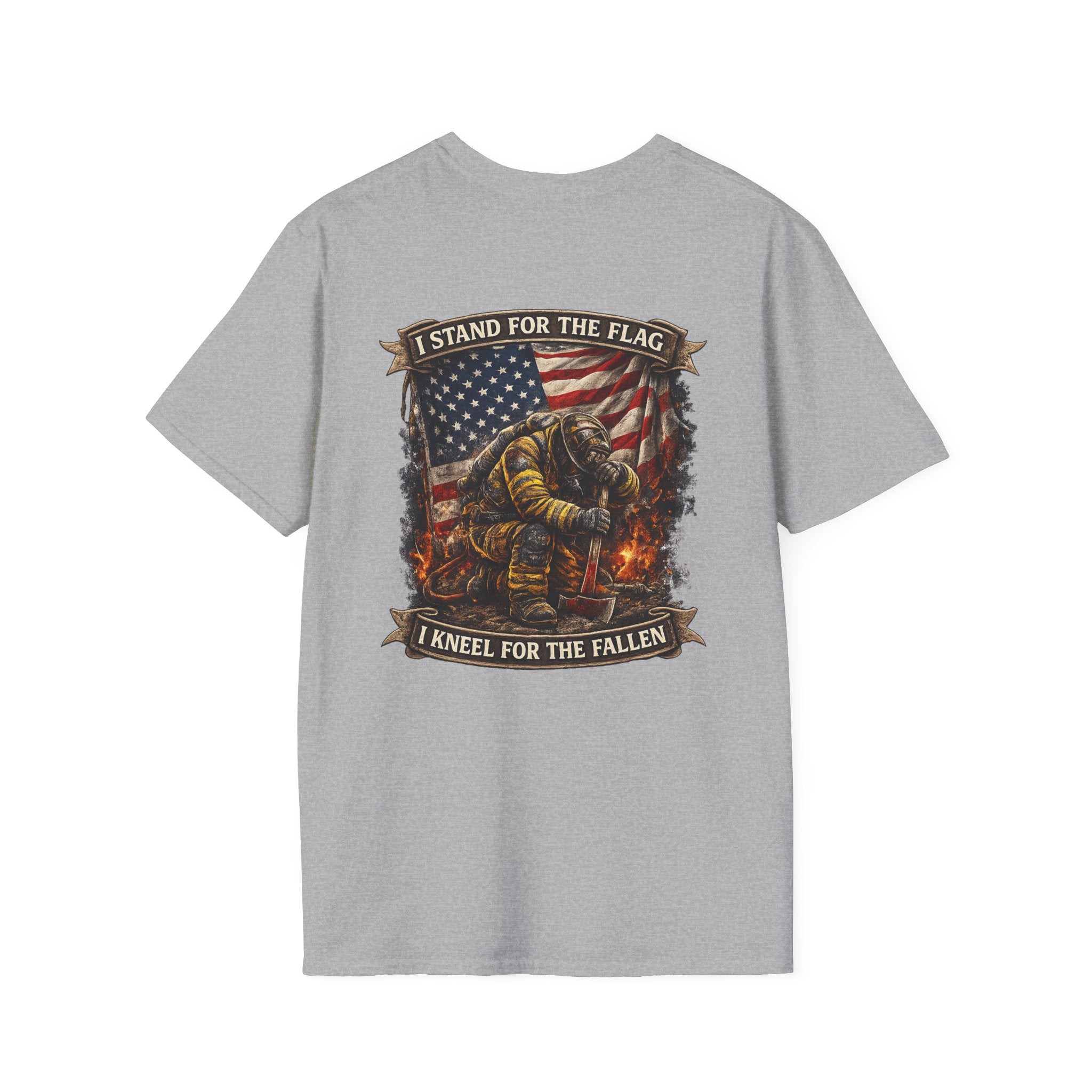 Patriotic Firefighter T-Shirt — "I Stand for the Flag, I Kneel for the Fallen"
