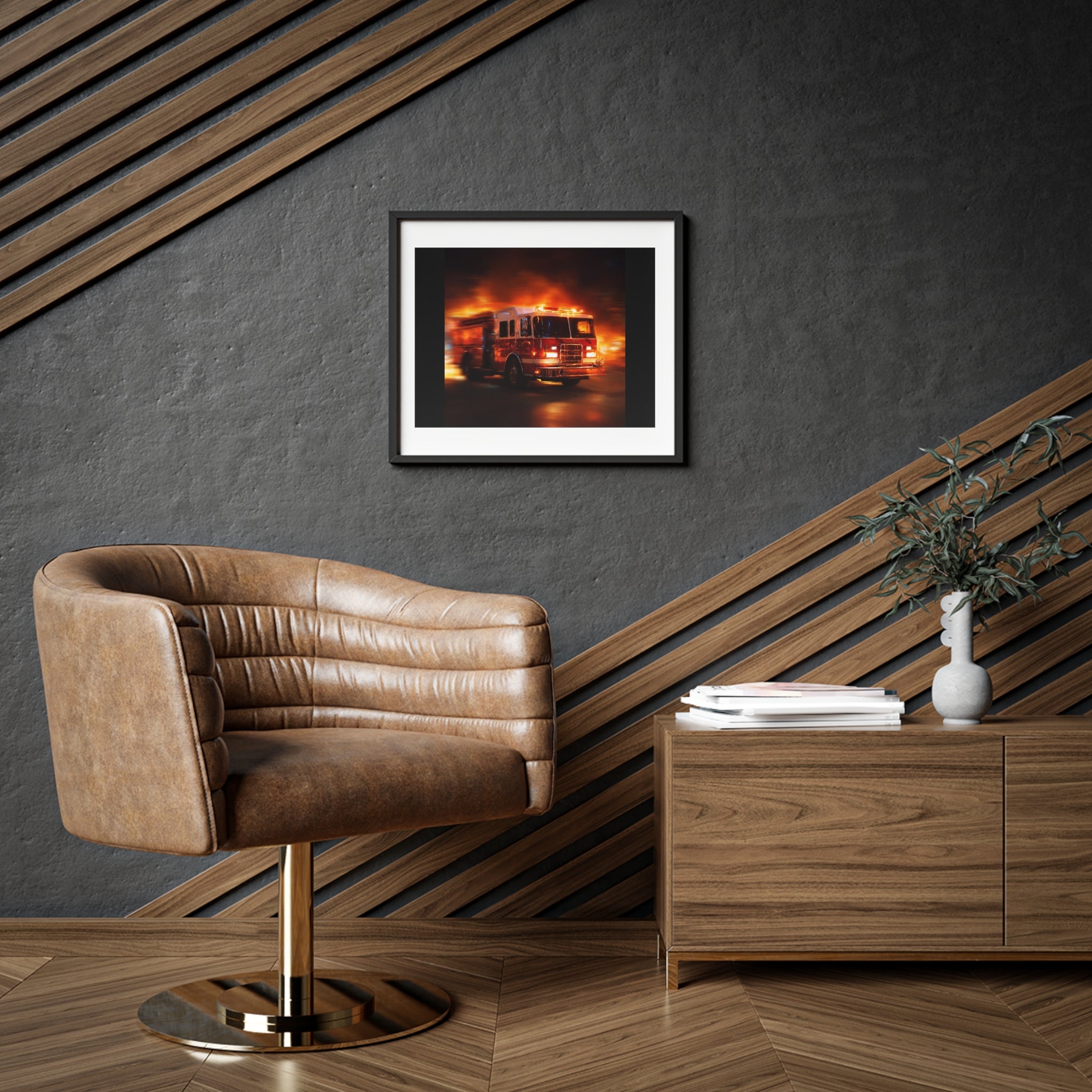 Firefighter Fire Truck Framed Poster — Matte Wall Art for Firehouse & Home