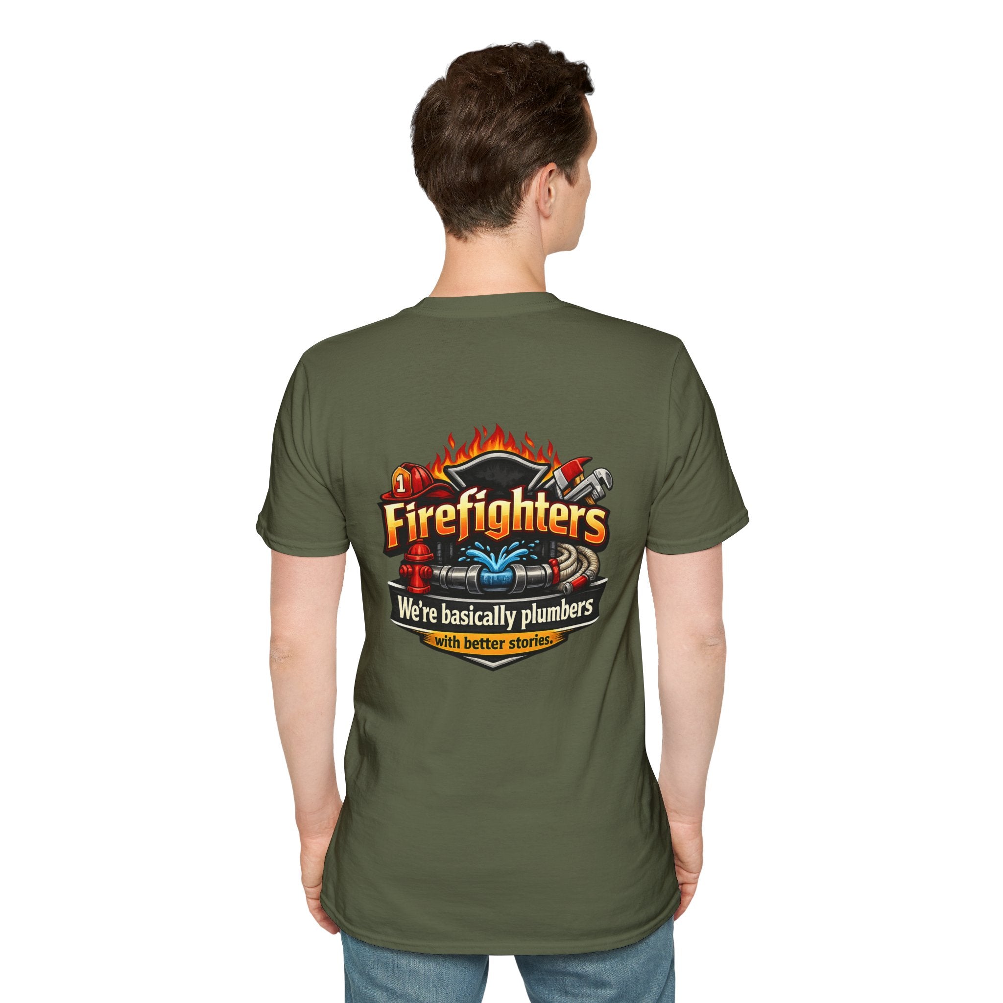 Firefighters Graphic T-Shirt — "We're Basically Plumbers" Firefighter Gift